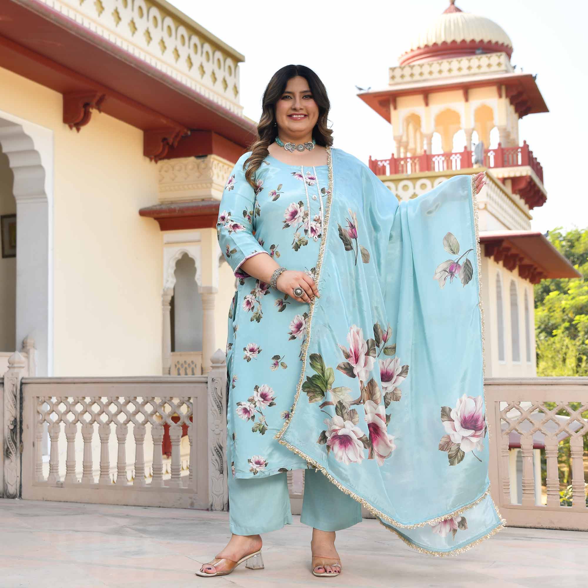 Blooming Sky- Light Blue Floral Pure Organza Suit Set