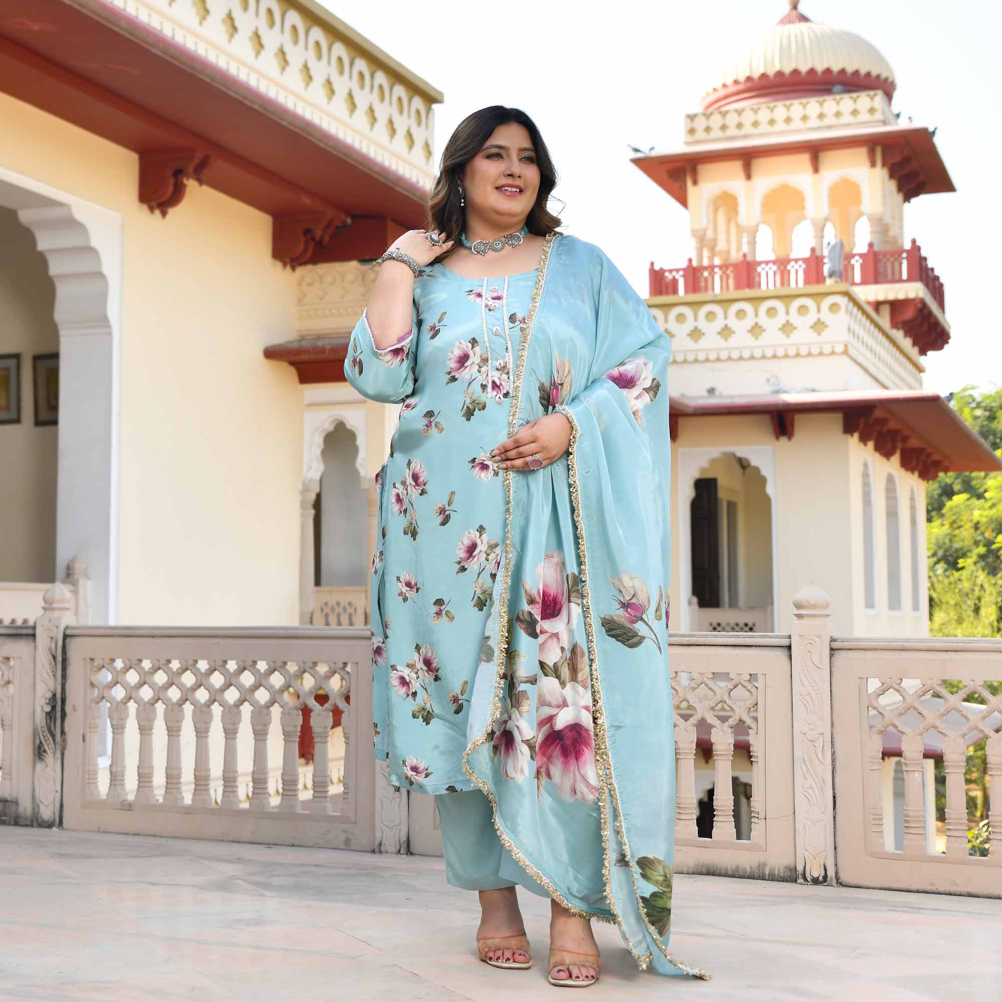 Blooming Sky- Light Blue Floral Pure Organza Suit Set