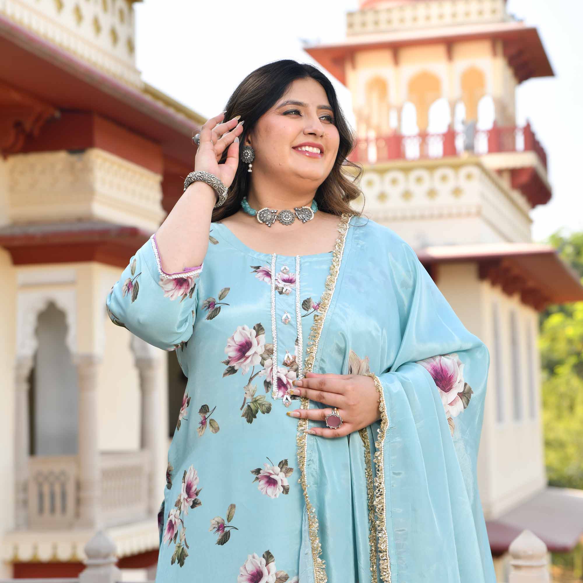 Blooming Sky- Light Blue Floral Pure Organza Suit Set