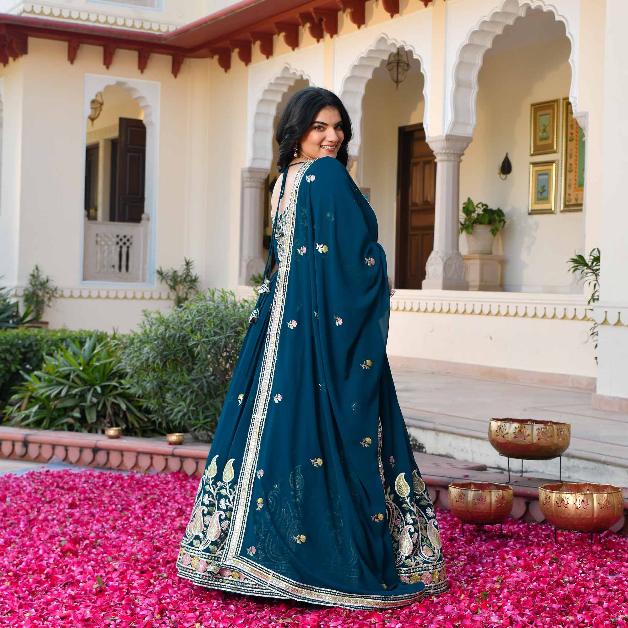 I Said Yes- Prussian Blue Thread & Gota Embroidered Georgette Lehenga Set