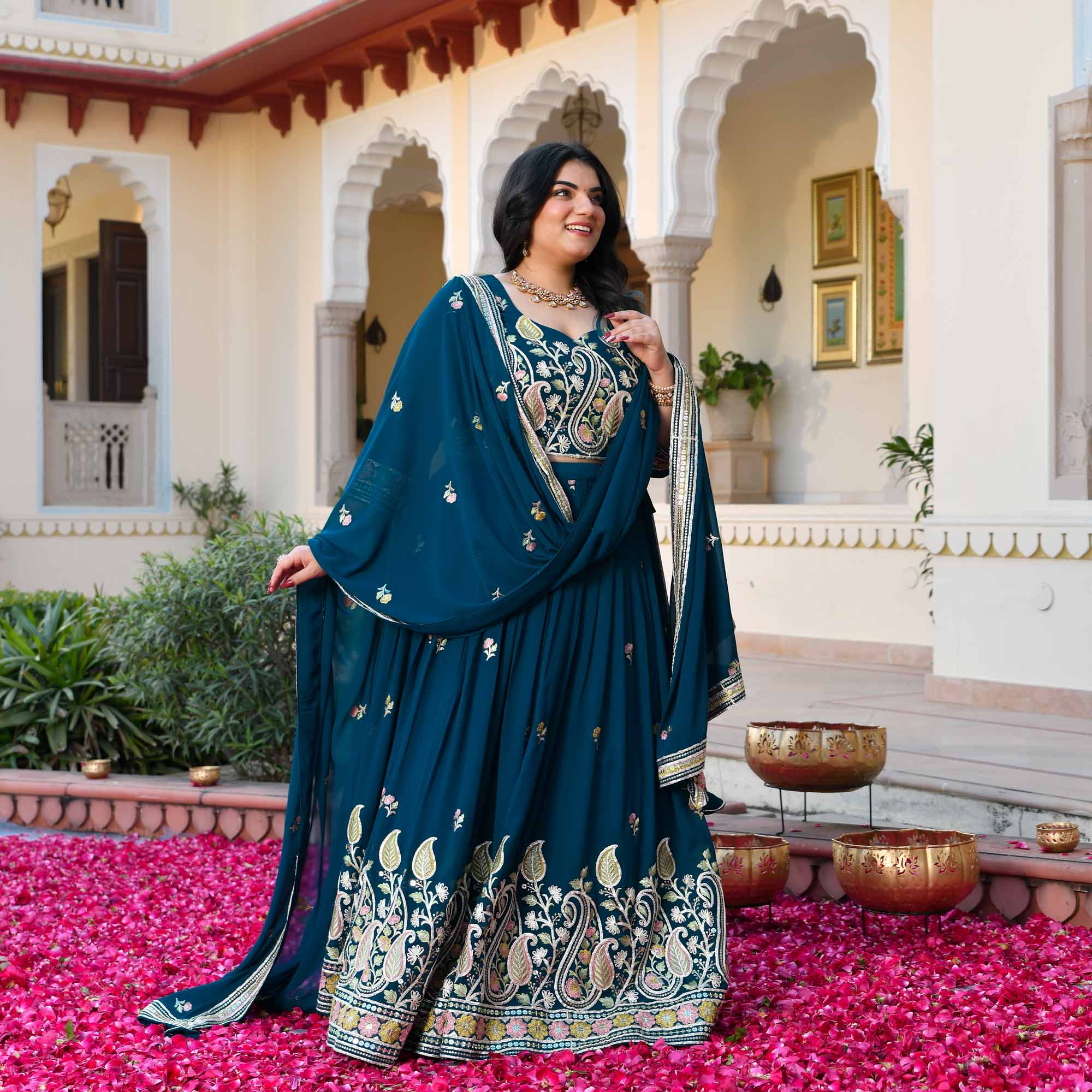 I Said Yes- Prussian Blue Thread & Gota Embroidered Georgette Lehenga Set