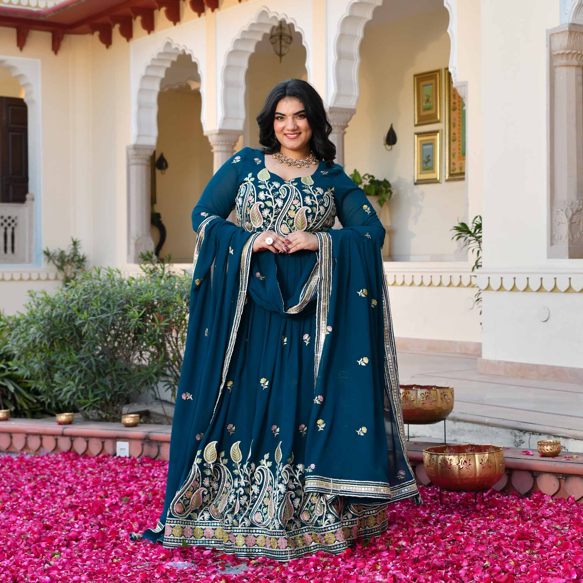 I Said Yes- Prussian Blue Thread & Gota Embroidered Georgette Lehenga Set