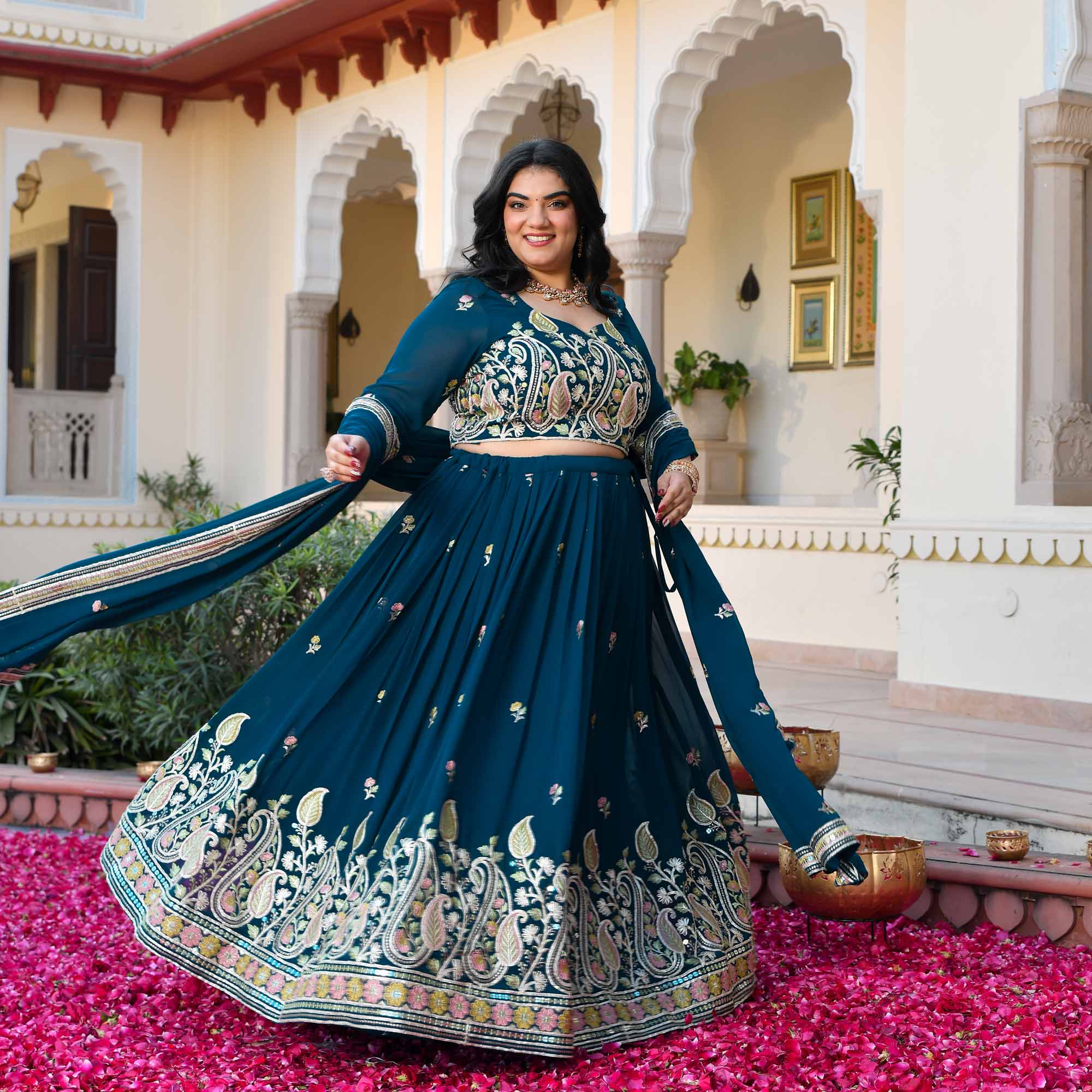 I Said Yes- Prussian Blue Thread & Gota Embroidered Georgette Lehenga Set