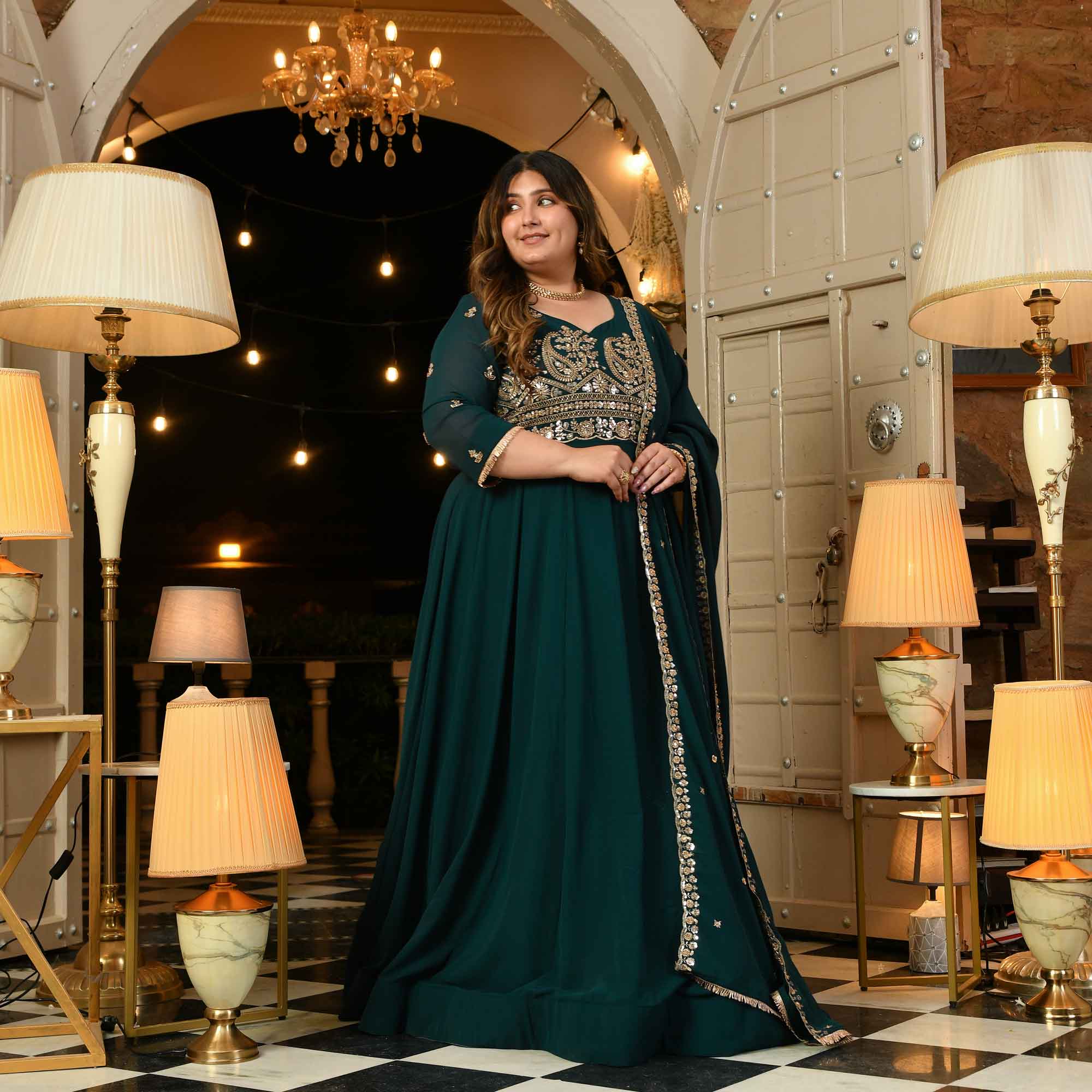Shaam Suhani- Peacock Green Cutdana Embroidered Georgette Anarkali Set