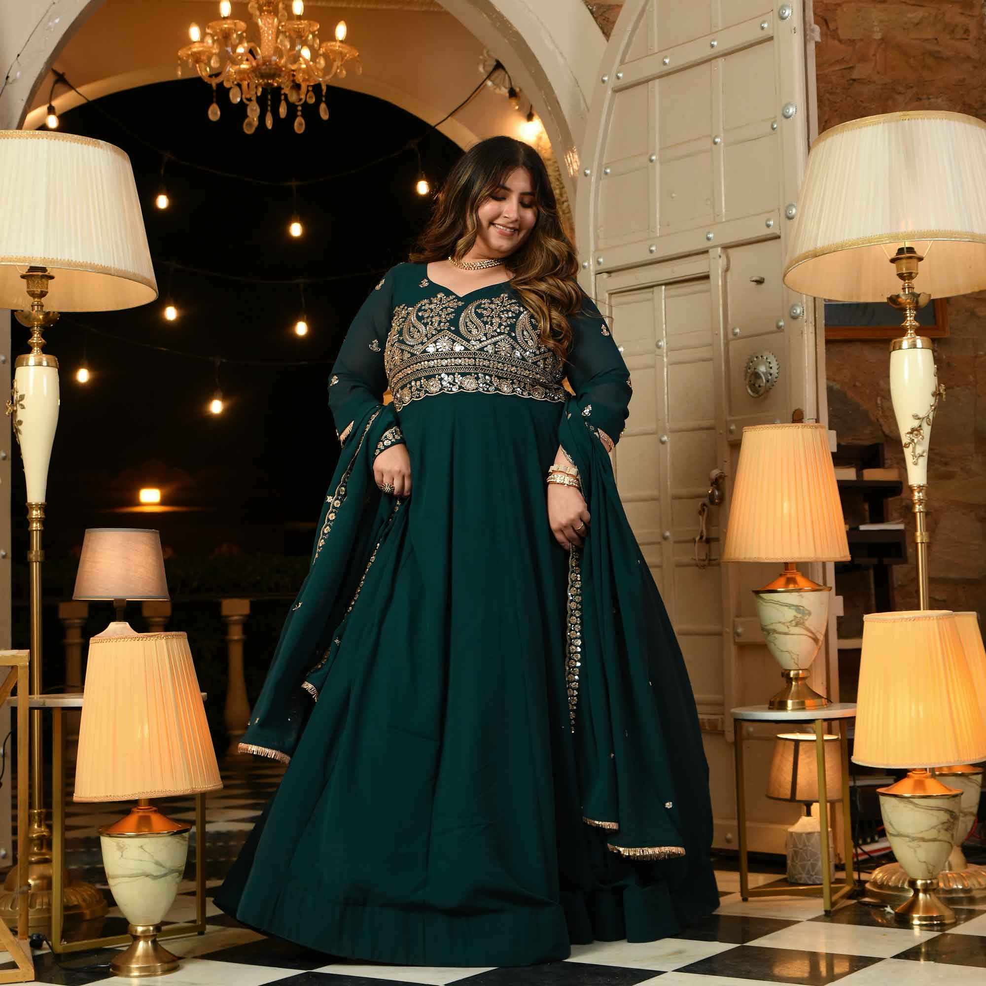 Shaam Suhani- Peacock Green Cutdana Embroidered Georgette Anarkali Set