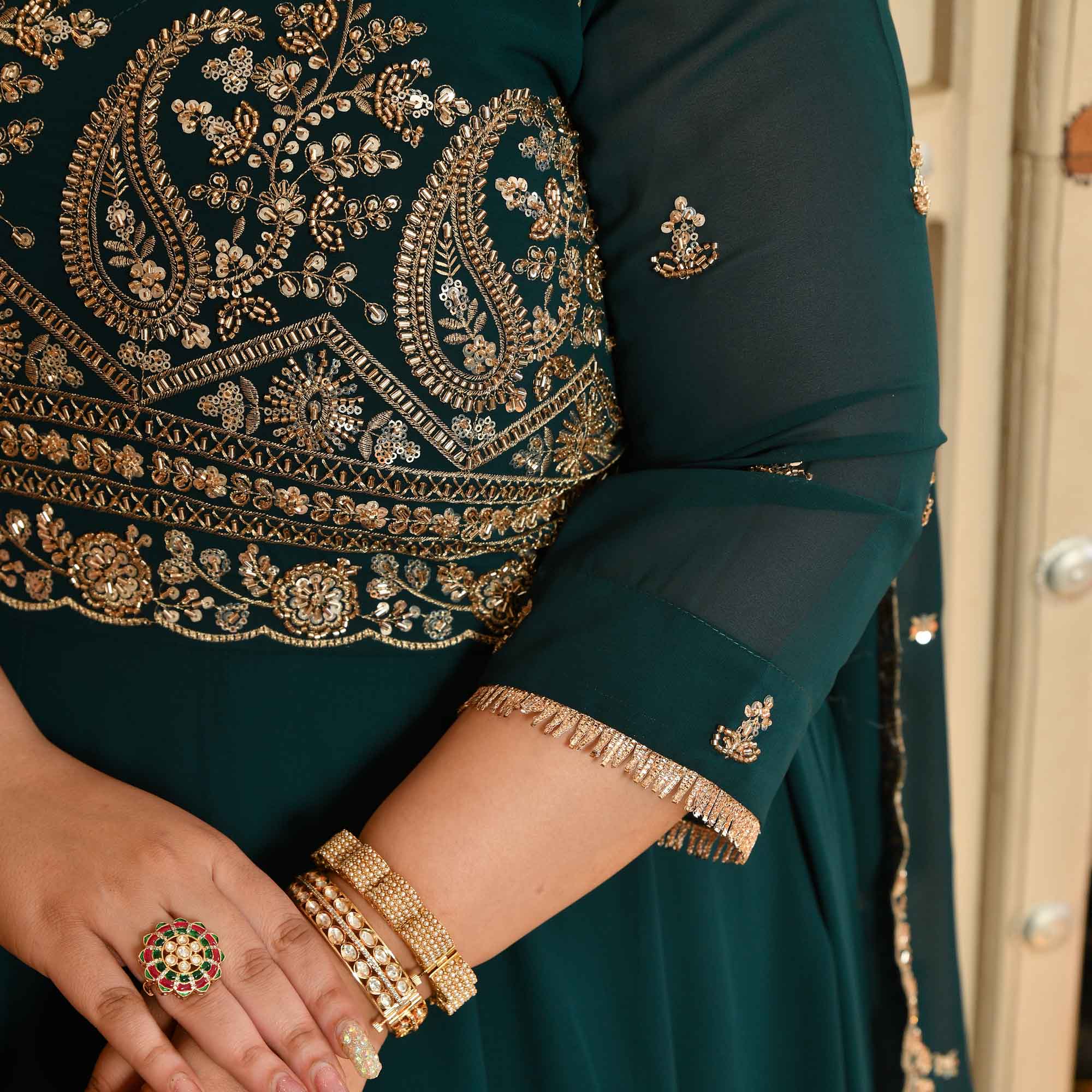 Shaam Suhani- Peacock Green Cutdana Embroidered Georgette Anarkali Set