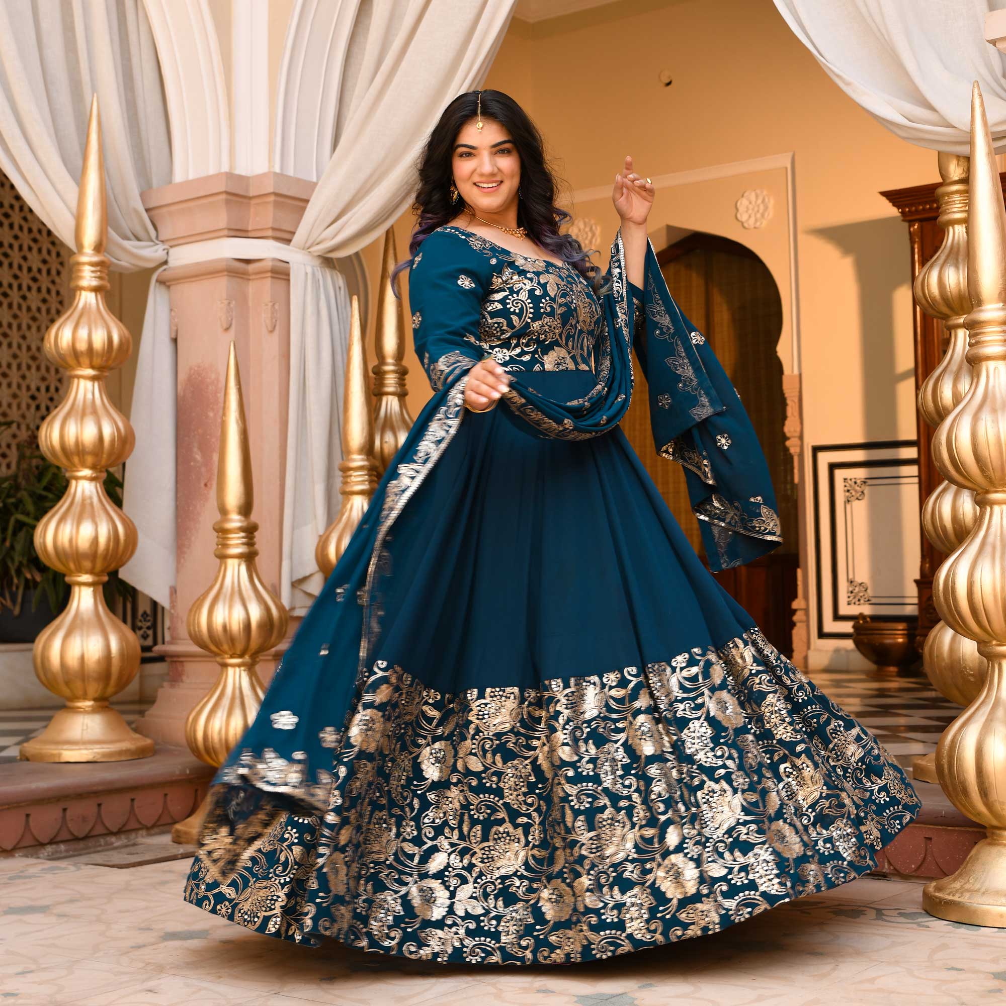 Kohinoor- Deep Prussian Blue Sequin Embroidered Georgette Anarkali Set