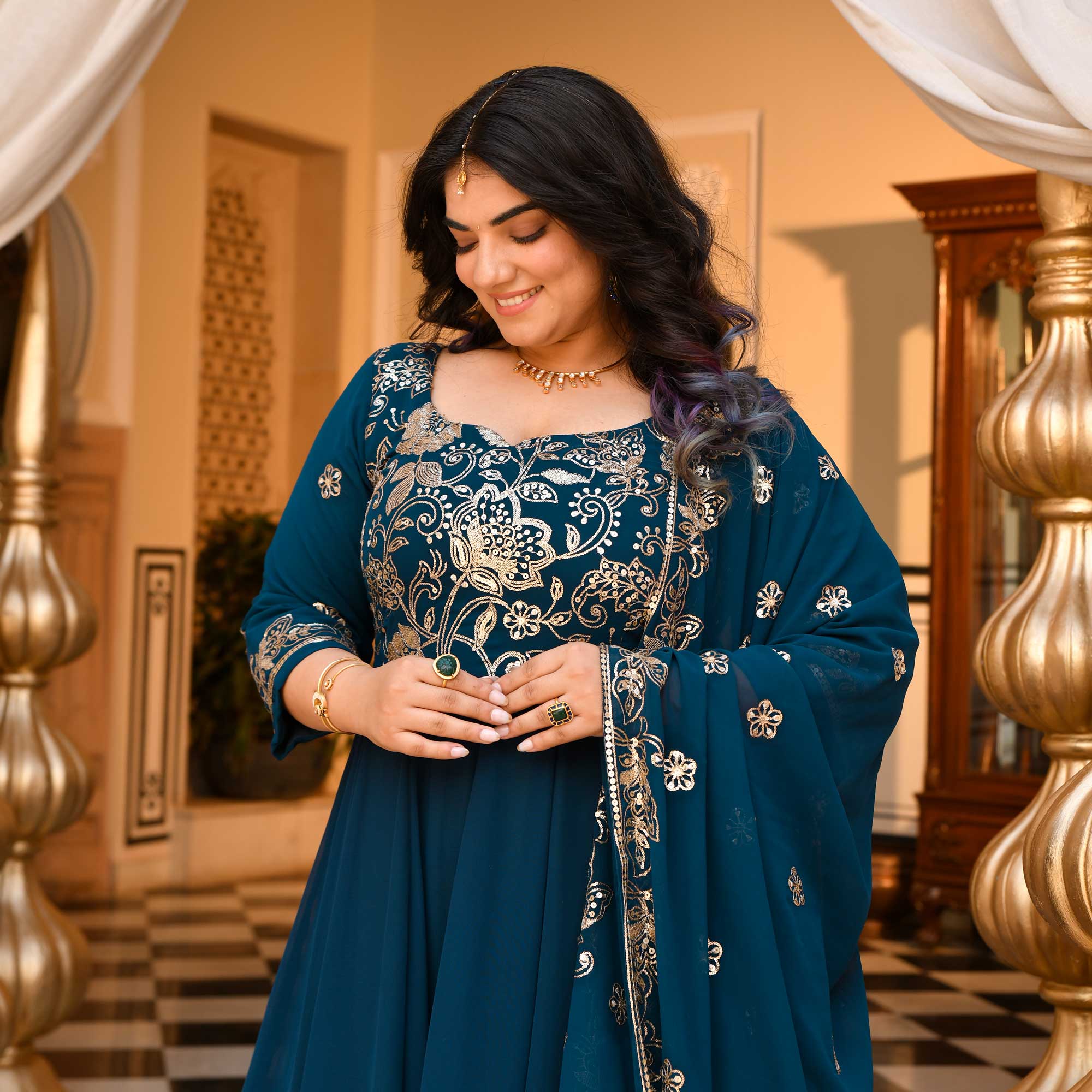 Kohinoor- Deep Prussian Blue Sequin Embroidered Georgette Anarkali Set