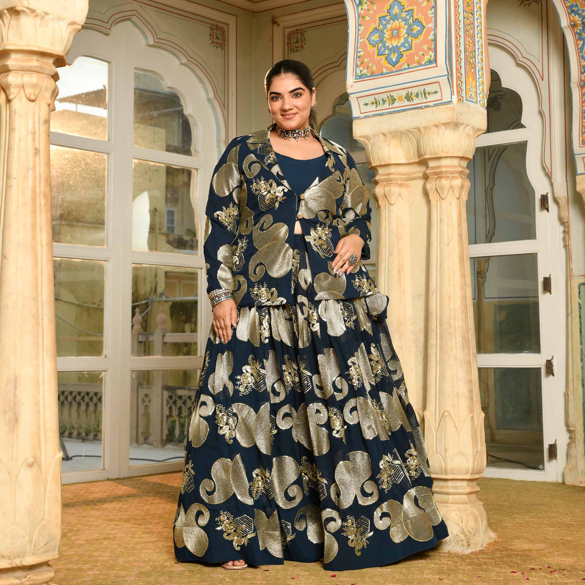 Tiramisu- Prussian Blue Paisley Georgette Blazer Lehenga Set