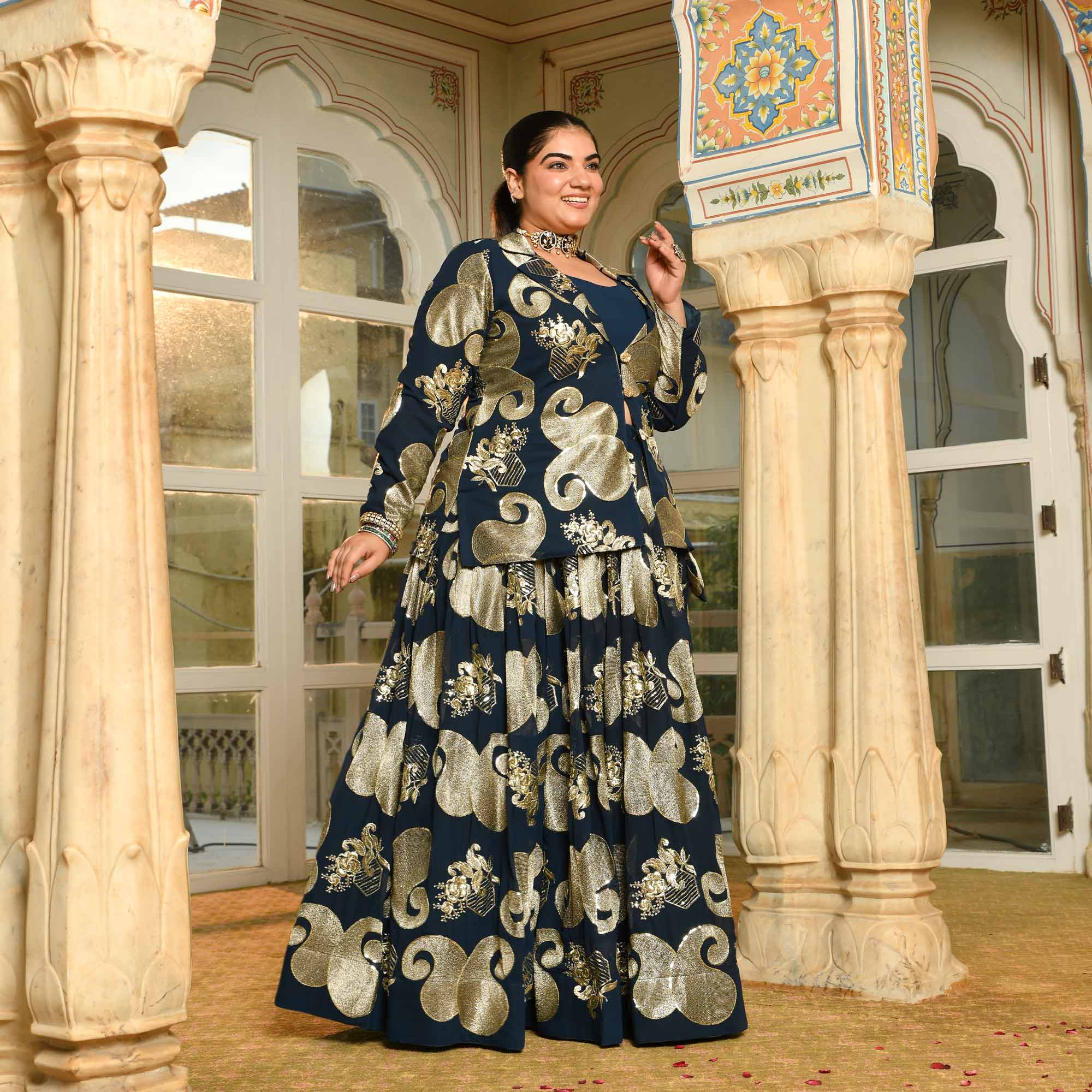 Tiramisu- Prussian Blue Paisley Georgette Blazer Lehenga Set