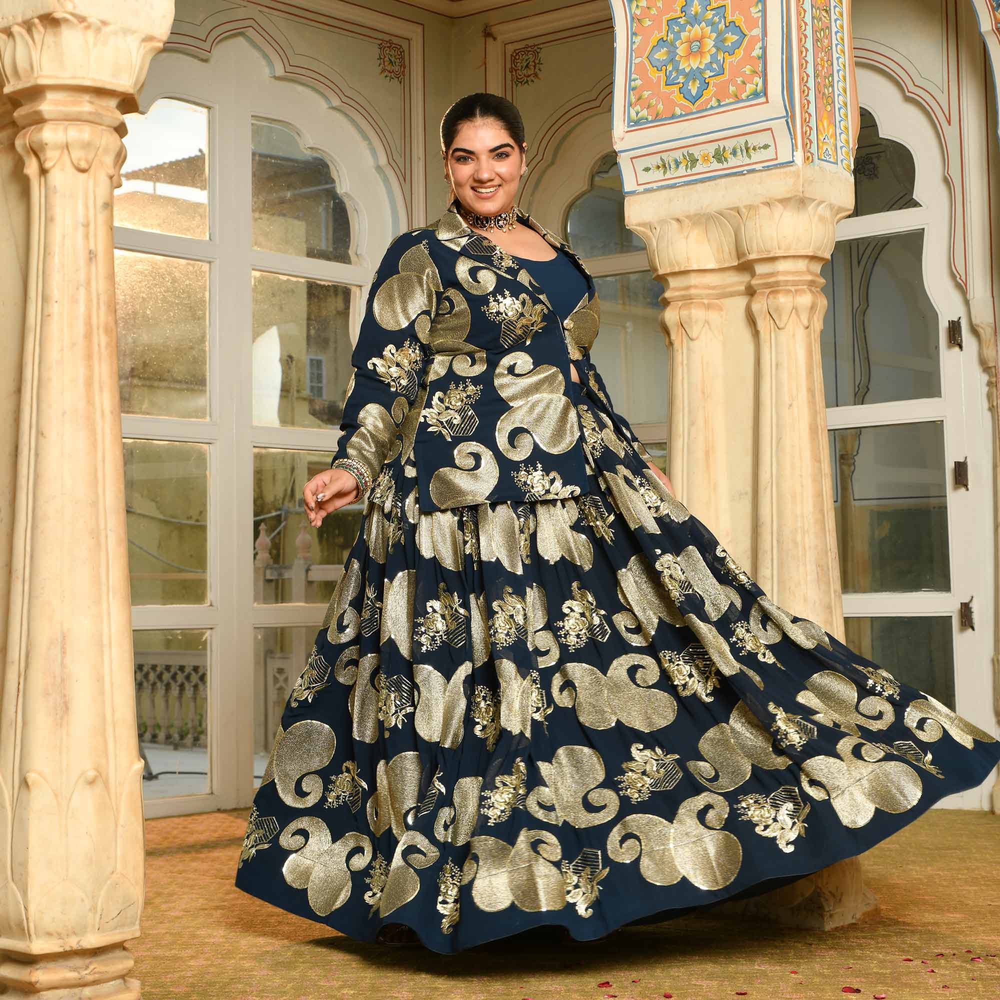 Tiramisu- Prussian Blue Paisley Georgette Blazer Lehenga Set