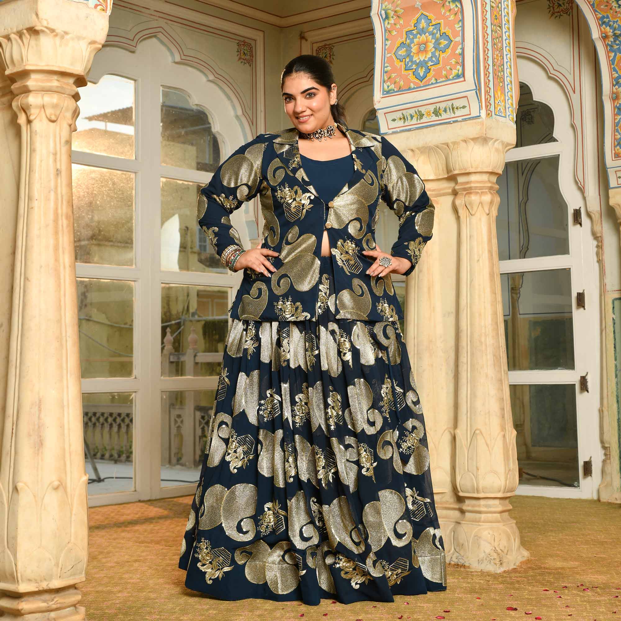 Tiramisu- Prussian Blue Paisley Georgette Blazer Lehenga Set