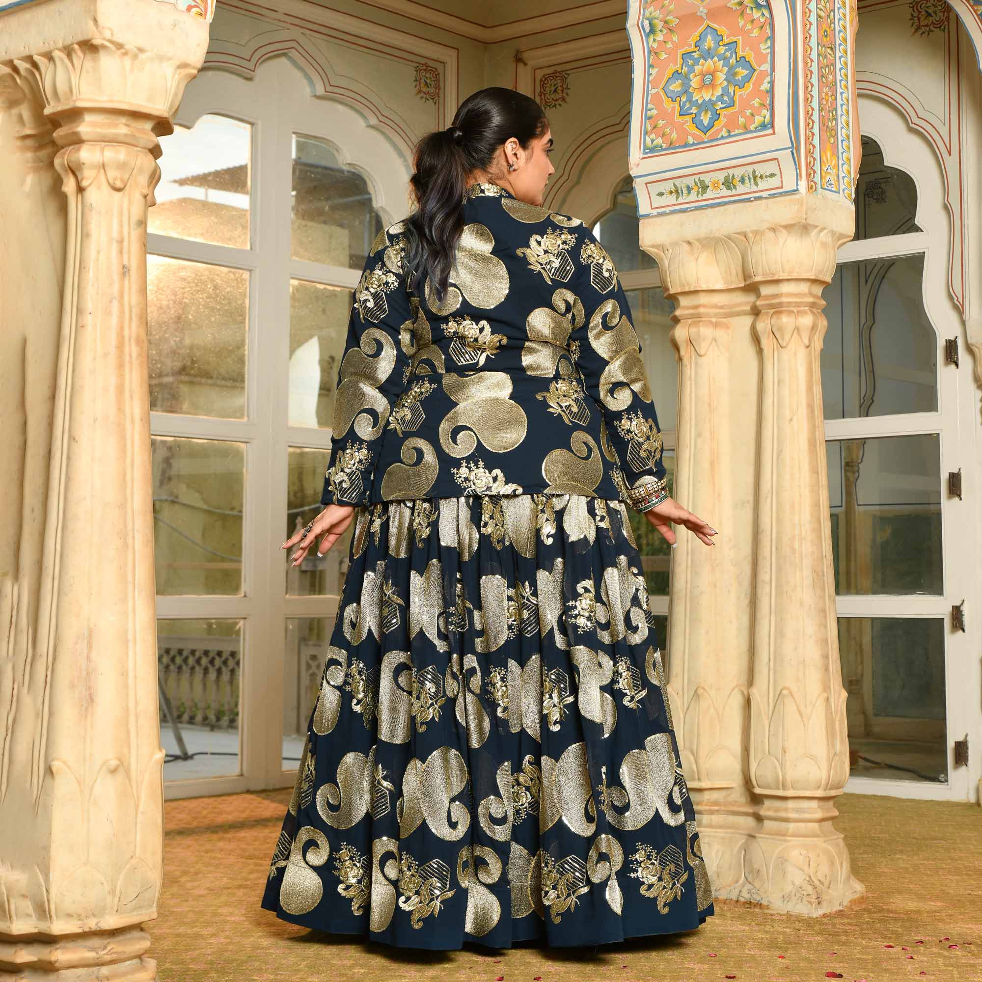 Tiramisu- Prussian Blue Paisley Georgette Blazer Lehenga Set