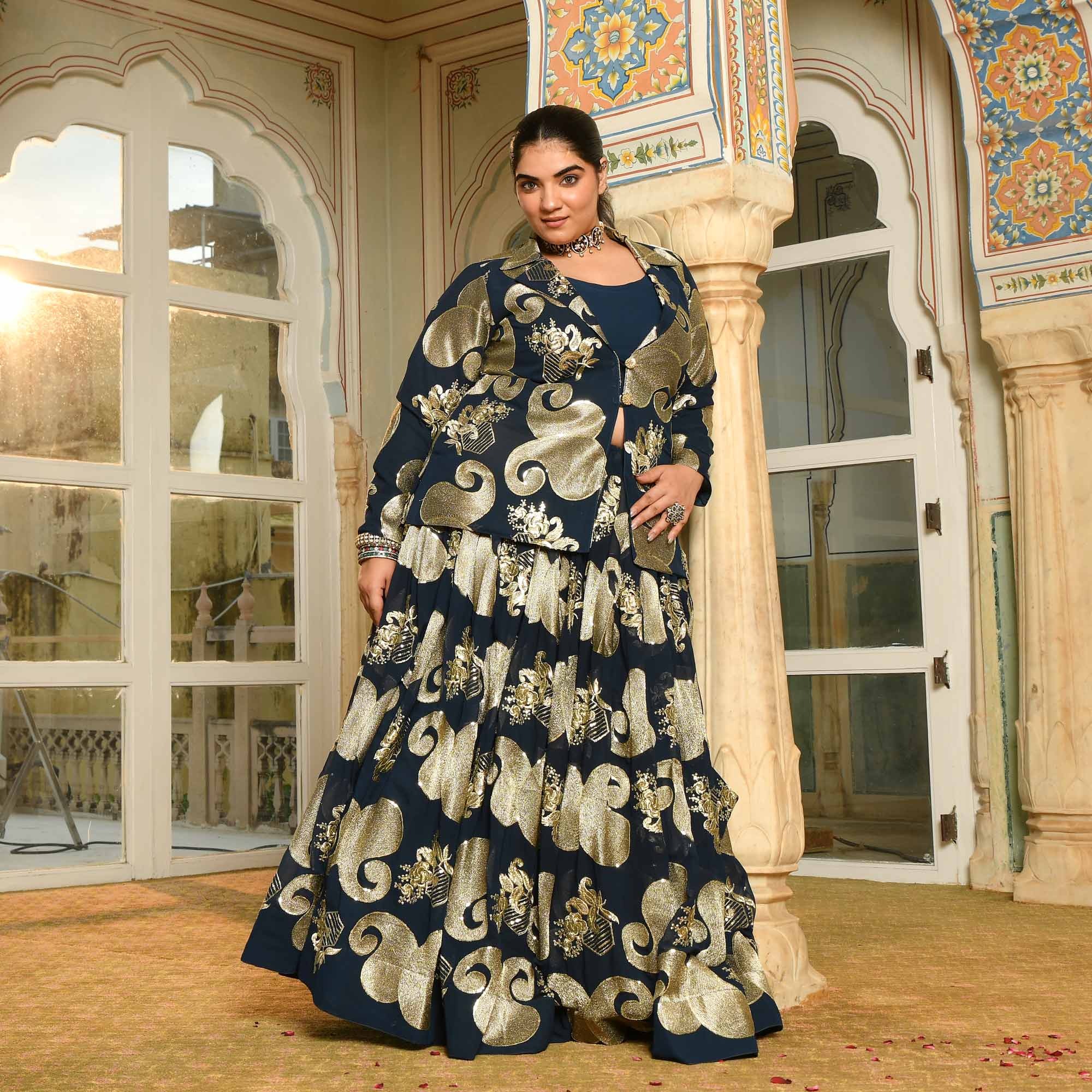Tiramisu- Prussian Blue Paisley Georgette Blazer Lehenga Set