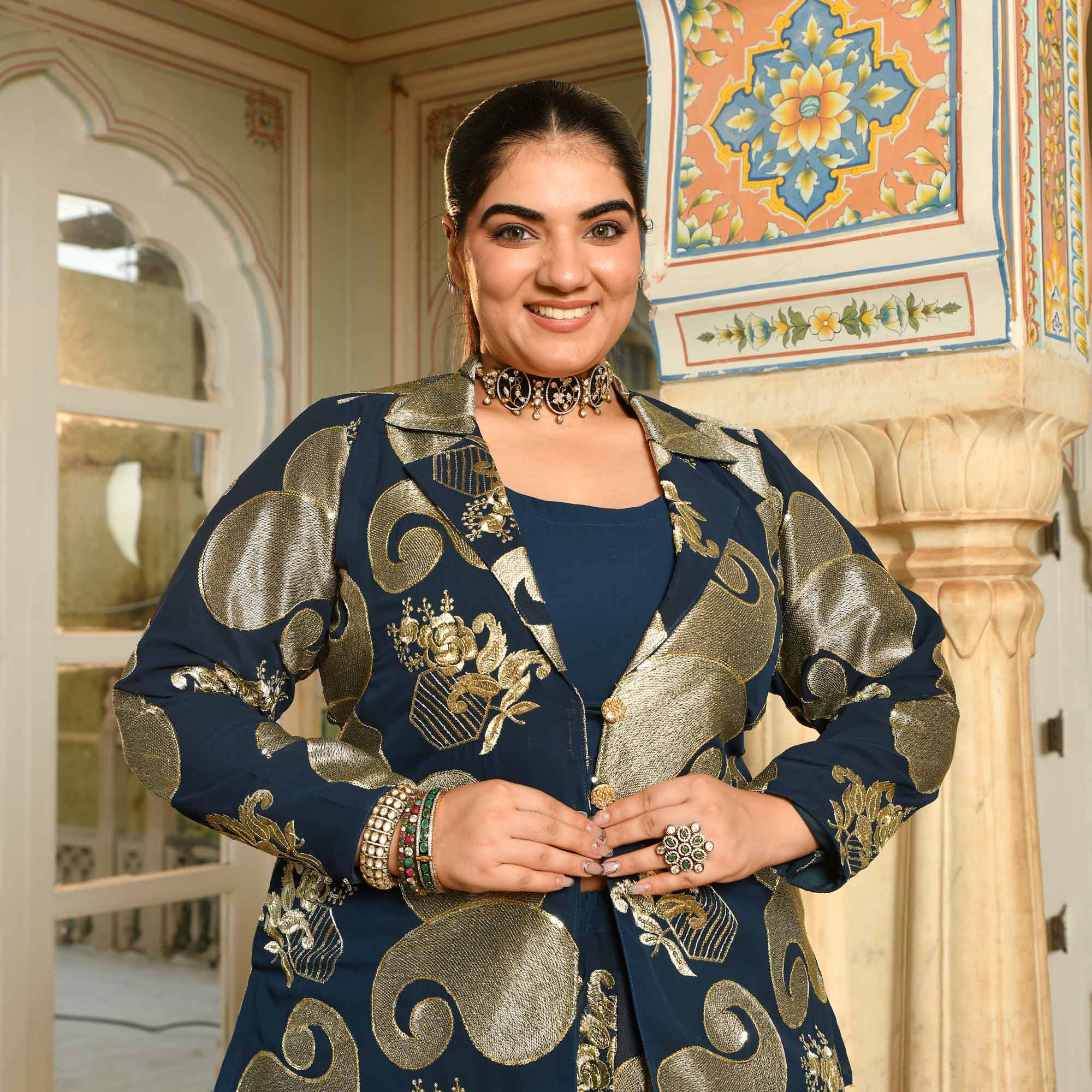 Tiramisu- Prussian Blue Paisley Georgette Blazer Lehenga Set