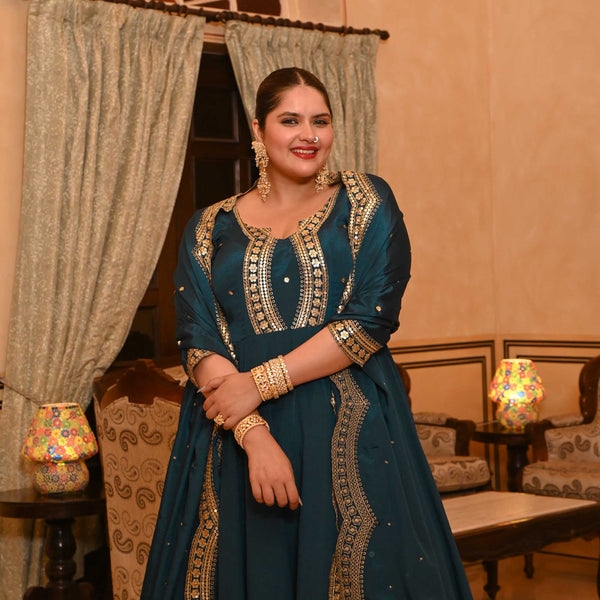Teal & Dazzle Scalloped Sequin Anarkali Set