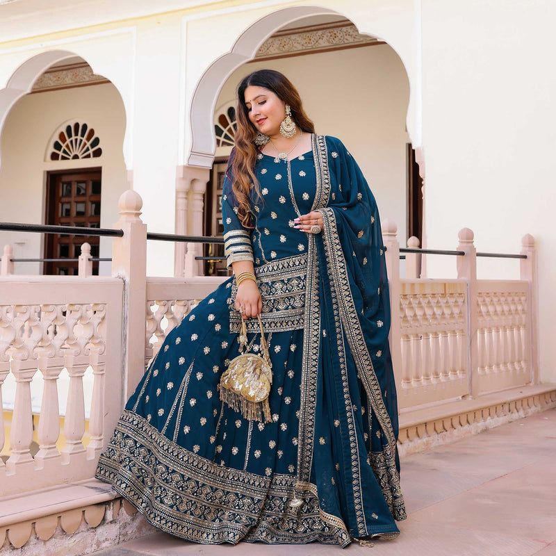 Prussian Blue Elegance Sequin Georgette Lehenga Set