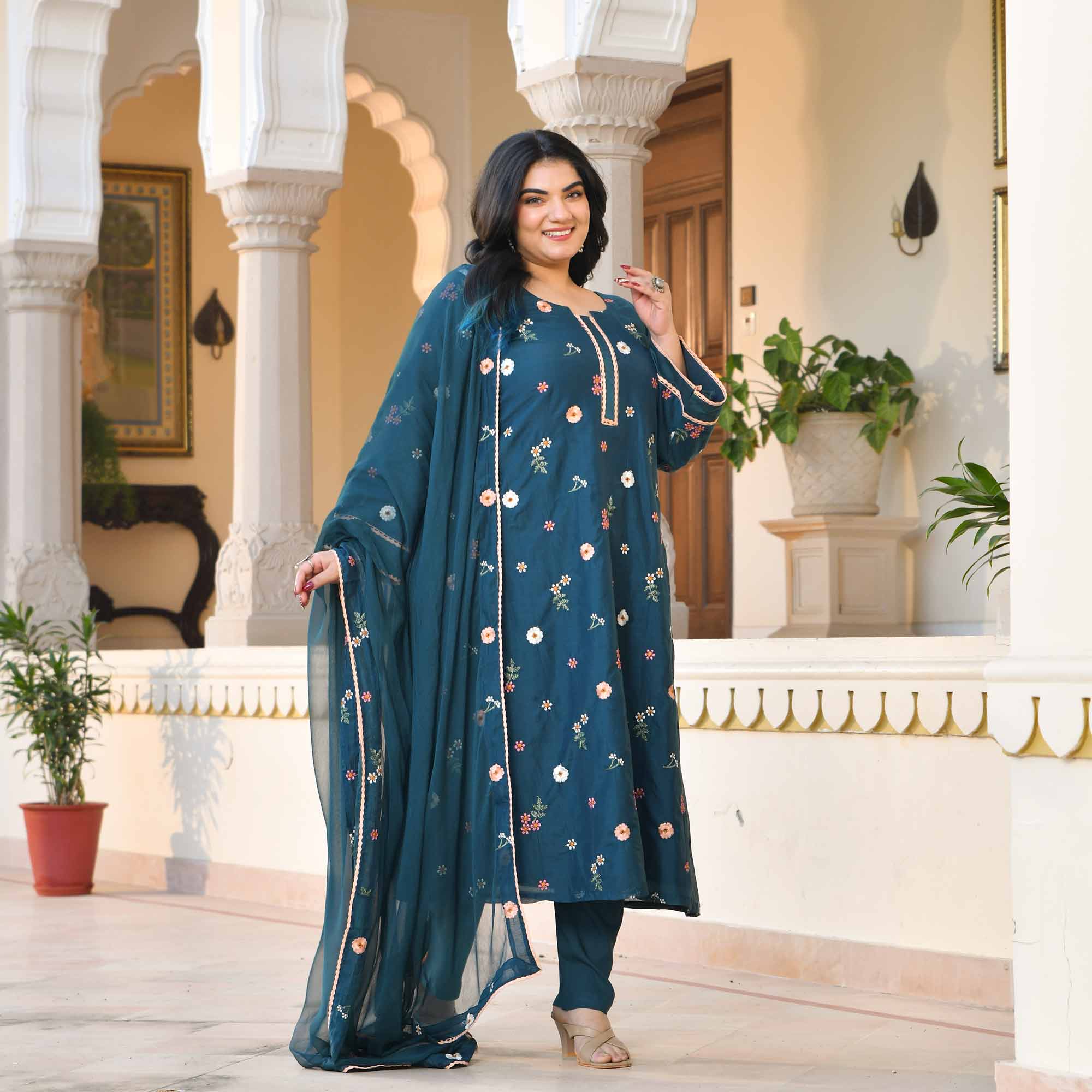 Jamun Mood- Prussian Blue Floral Thread Embroidery Mul Chanderi Suit Set