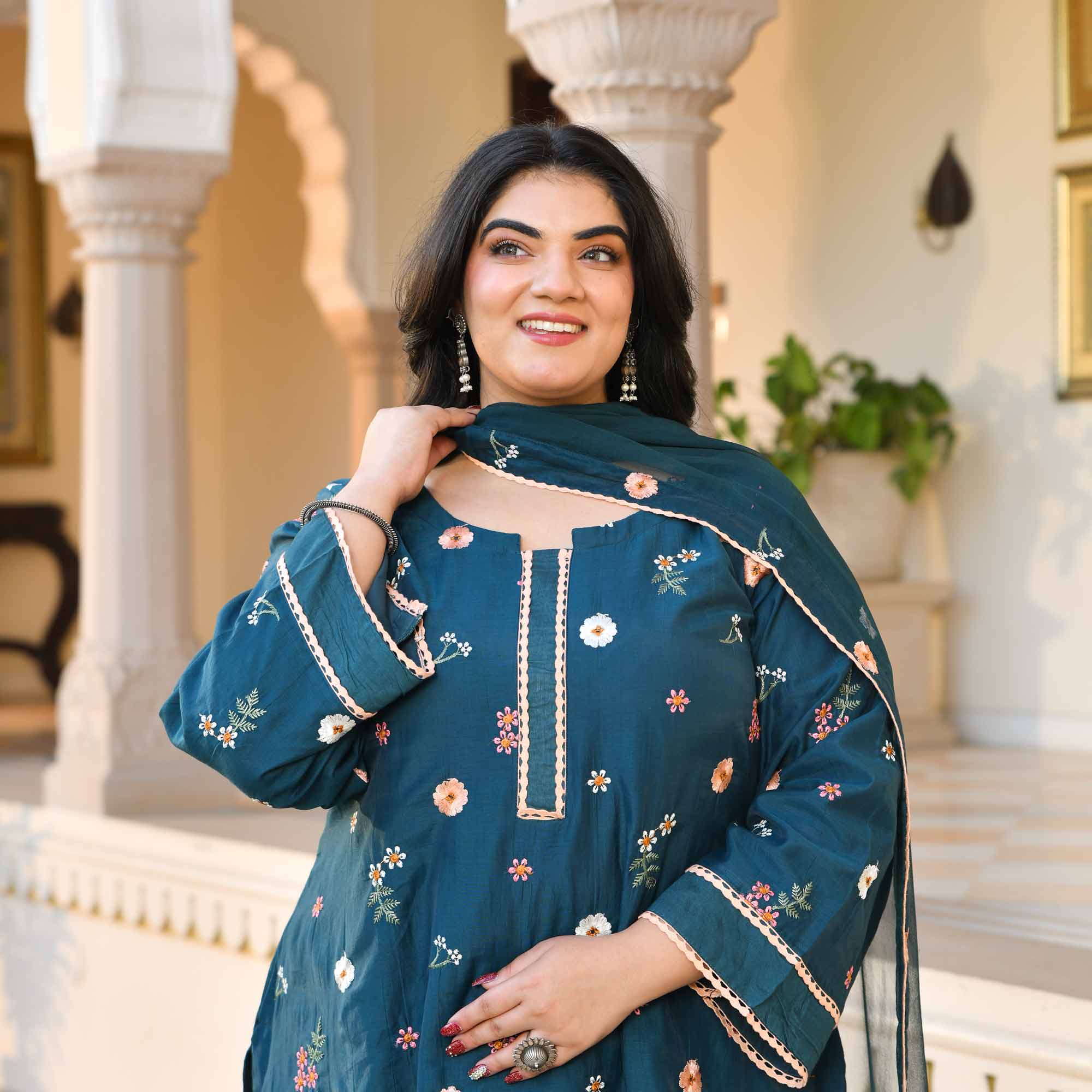 Jamun Mood- Prussian Blue Floral Thread Embroidery Mul Chanderi Suit Set