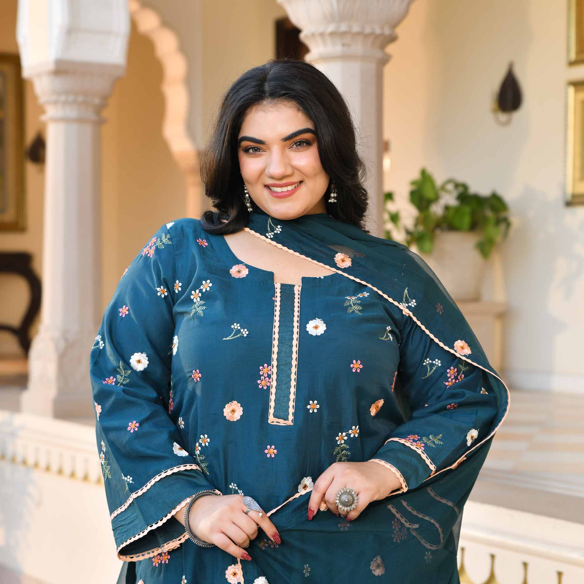 Jamun Mood- Prussian Blue Floral Thread Embroidery Mul Chanderi Suit Set