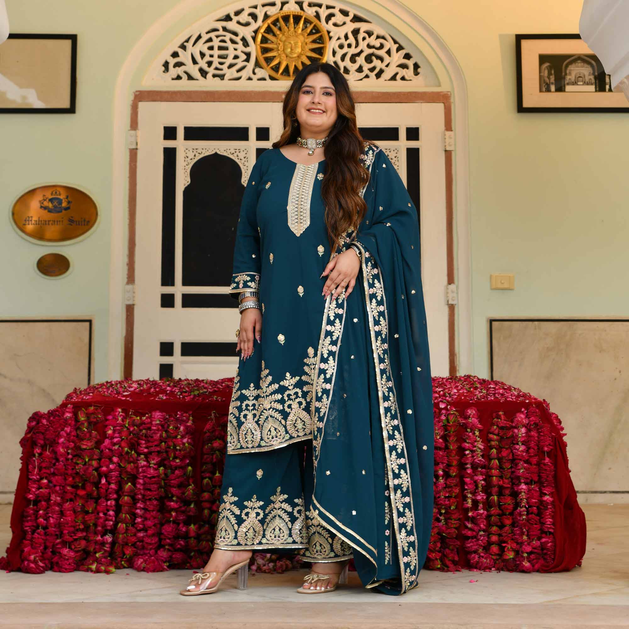 Shahi Tukda- Prussian Blue Embroidered Georgette Suit Set