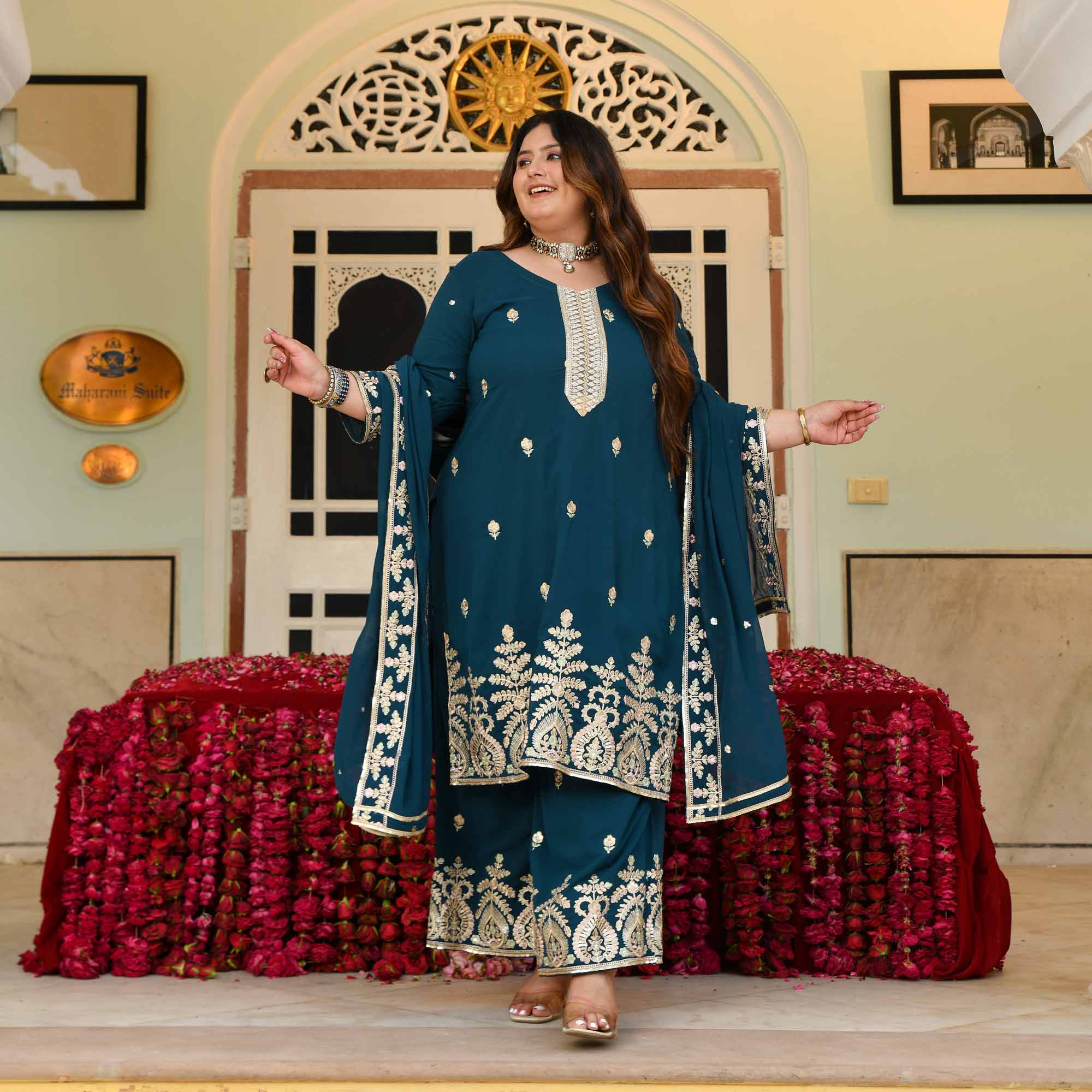 Shahi Tukda- Prussian Blue Embroidered Georgette Suit Set