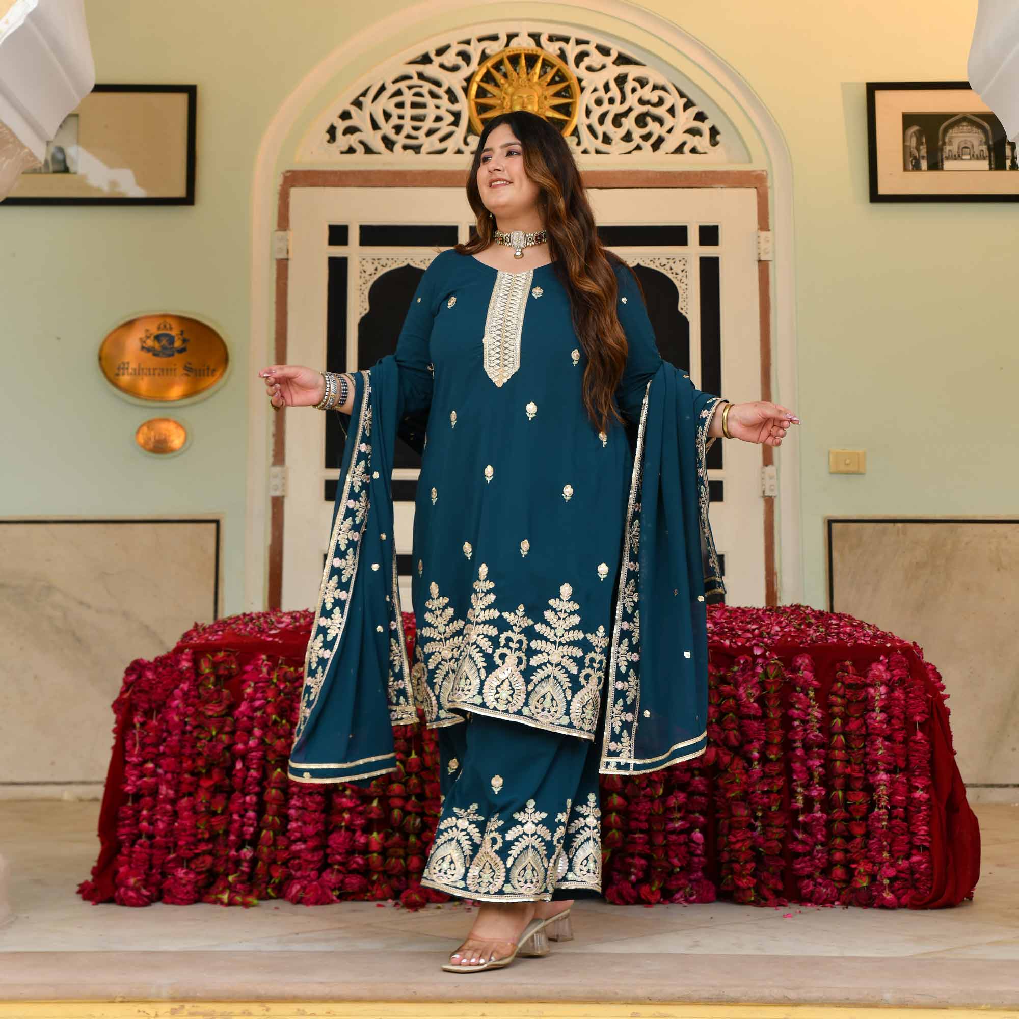 Shahi Tukda- Prussian Blue Embroidered Georgette Suit Set