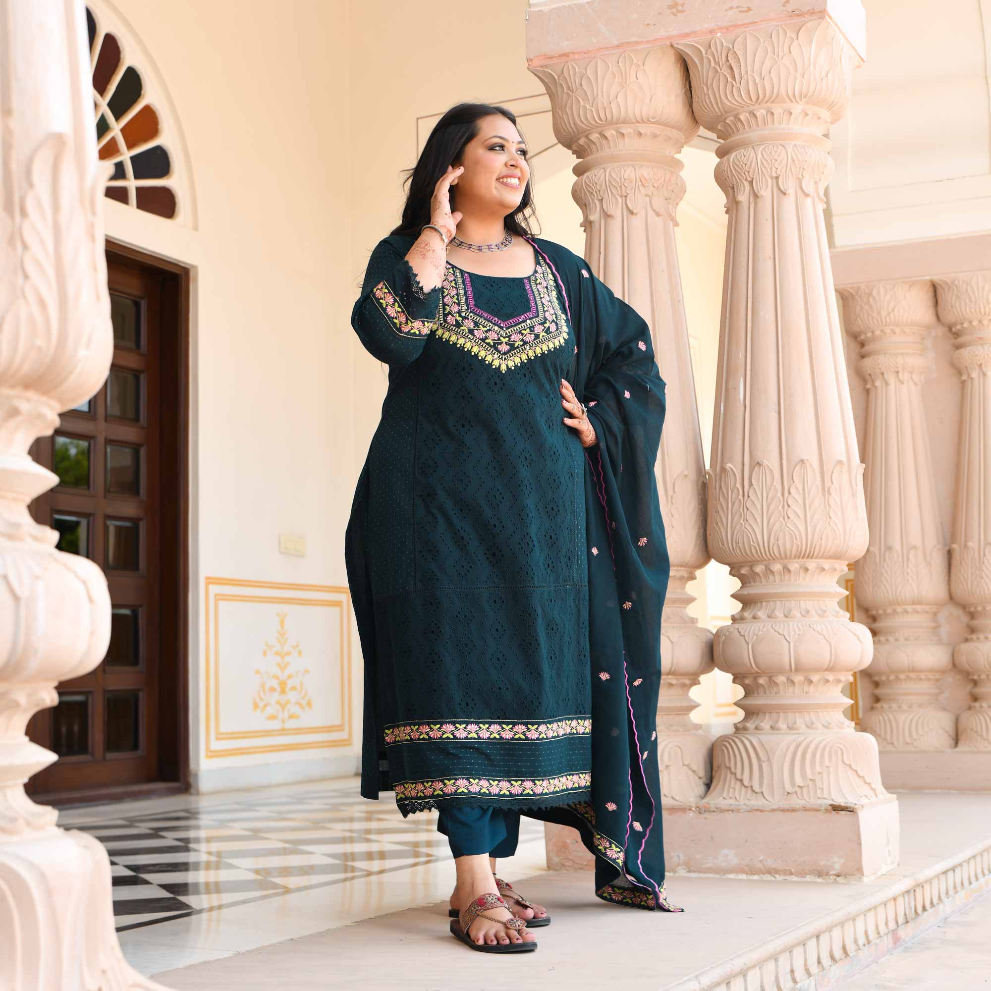 Empress Blue Schiffli Embroidered Cotton Suit Set