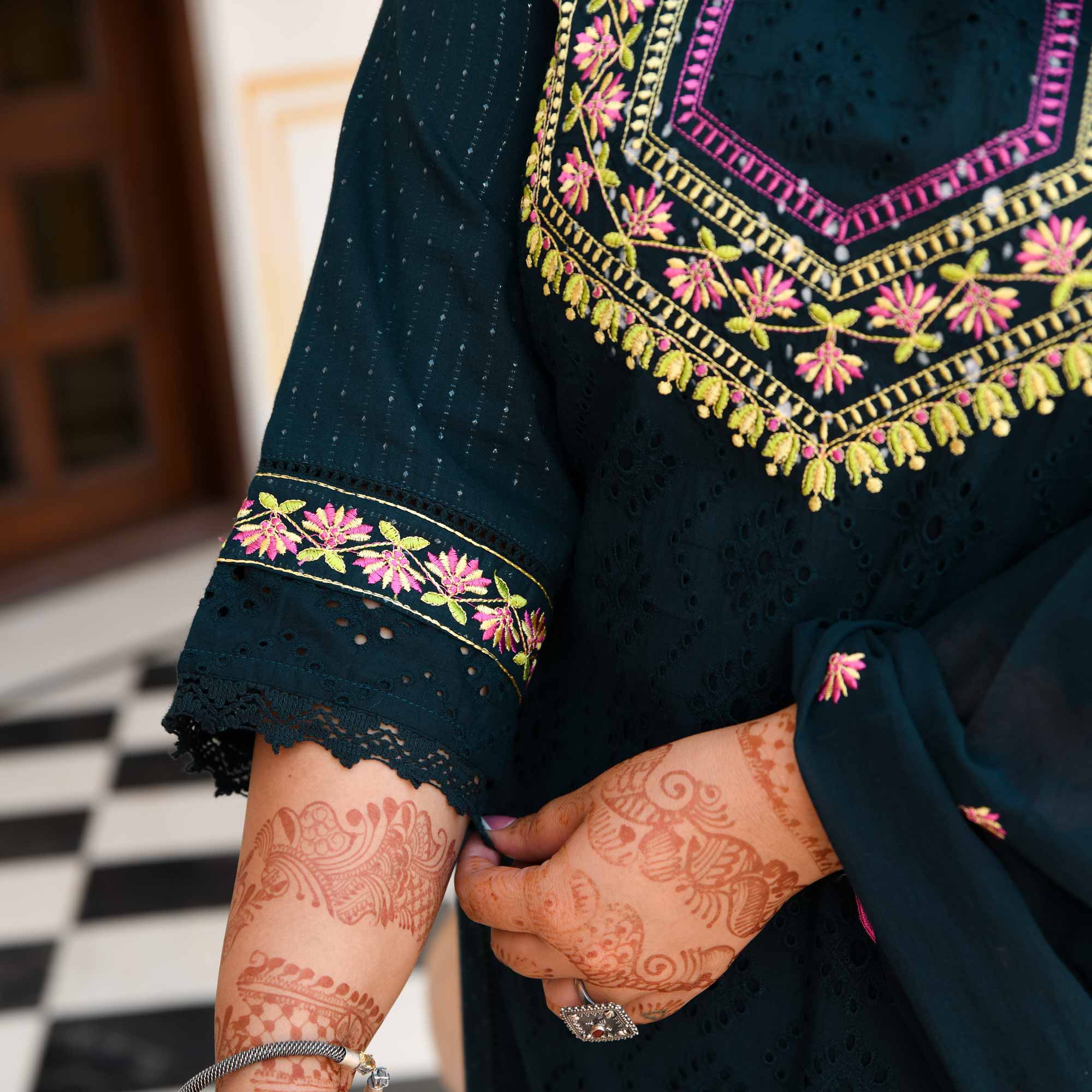 Empress Blue Schiffli Embroidered Cotton Suit Set
