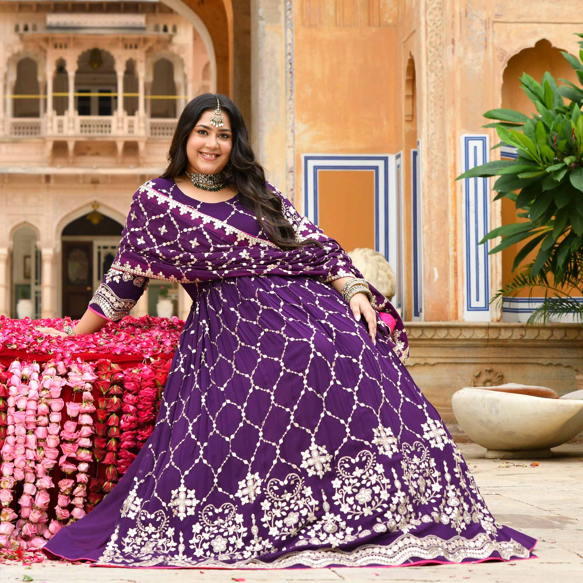 Jugnu - Purple Sequin Embroidery Pure Georgette Anarkali Lehenga Set