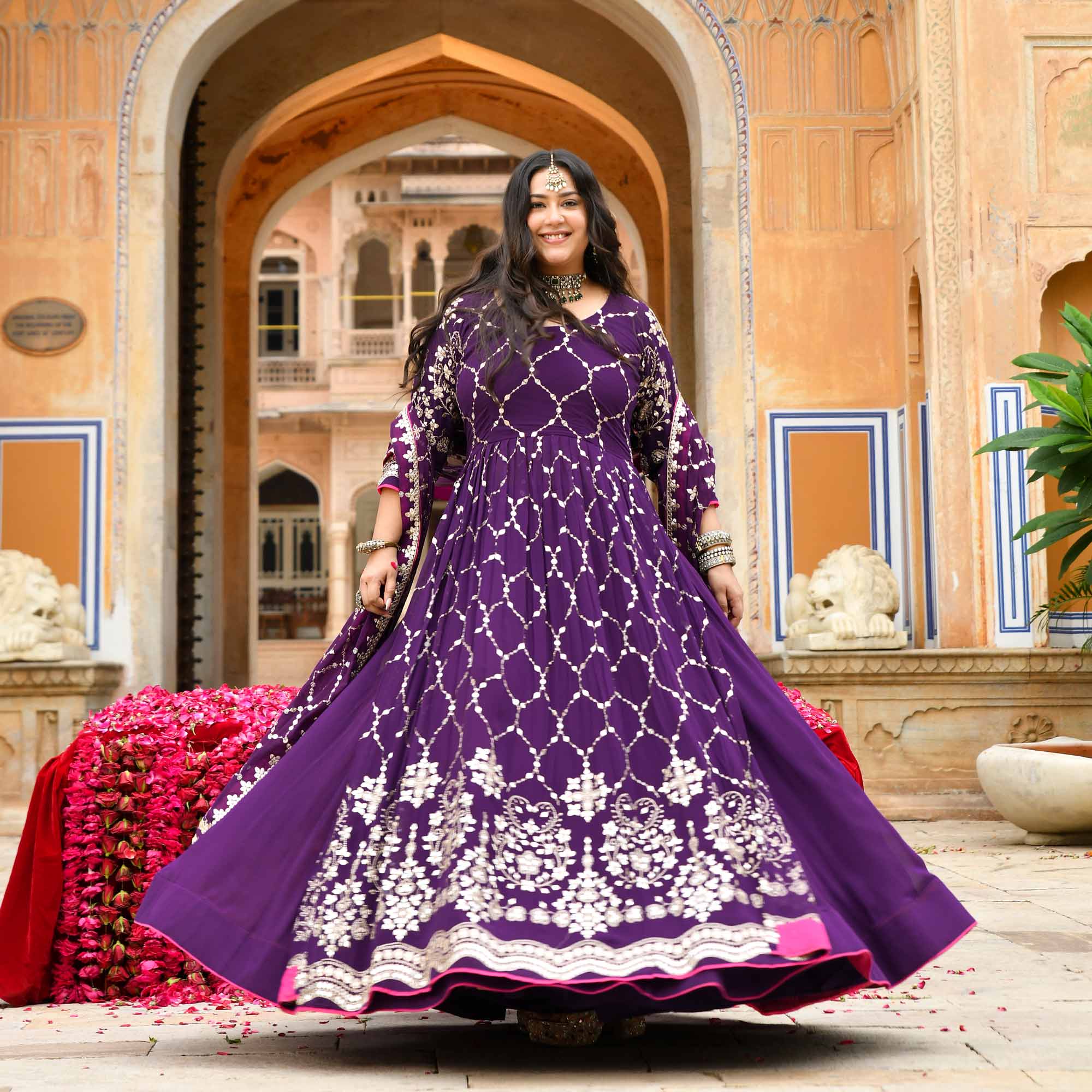 Jugnu - Purple Sequin Embroidery Pure Georgette Anarkali Lehenga Set