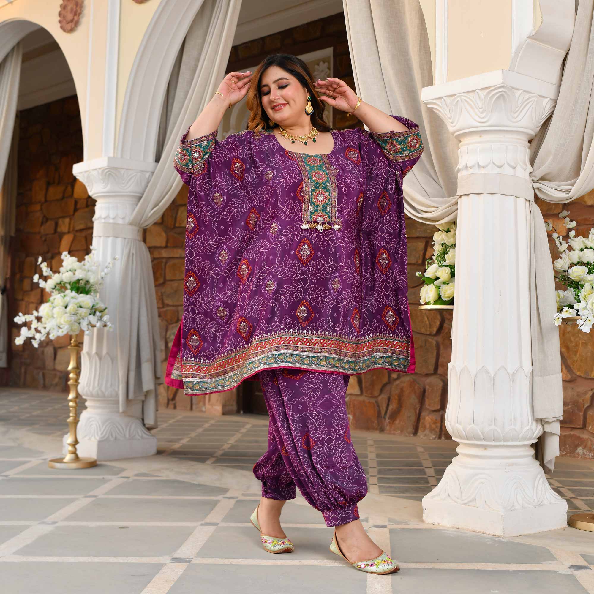 Bikaner- Deep Purple Fusion Bandhani Pure Crepe Co-Ord Set