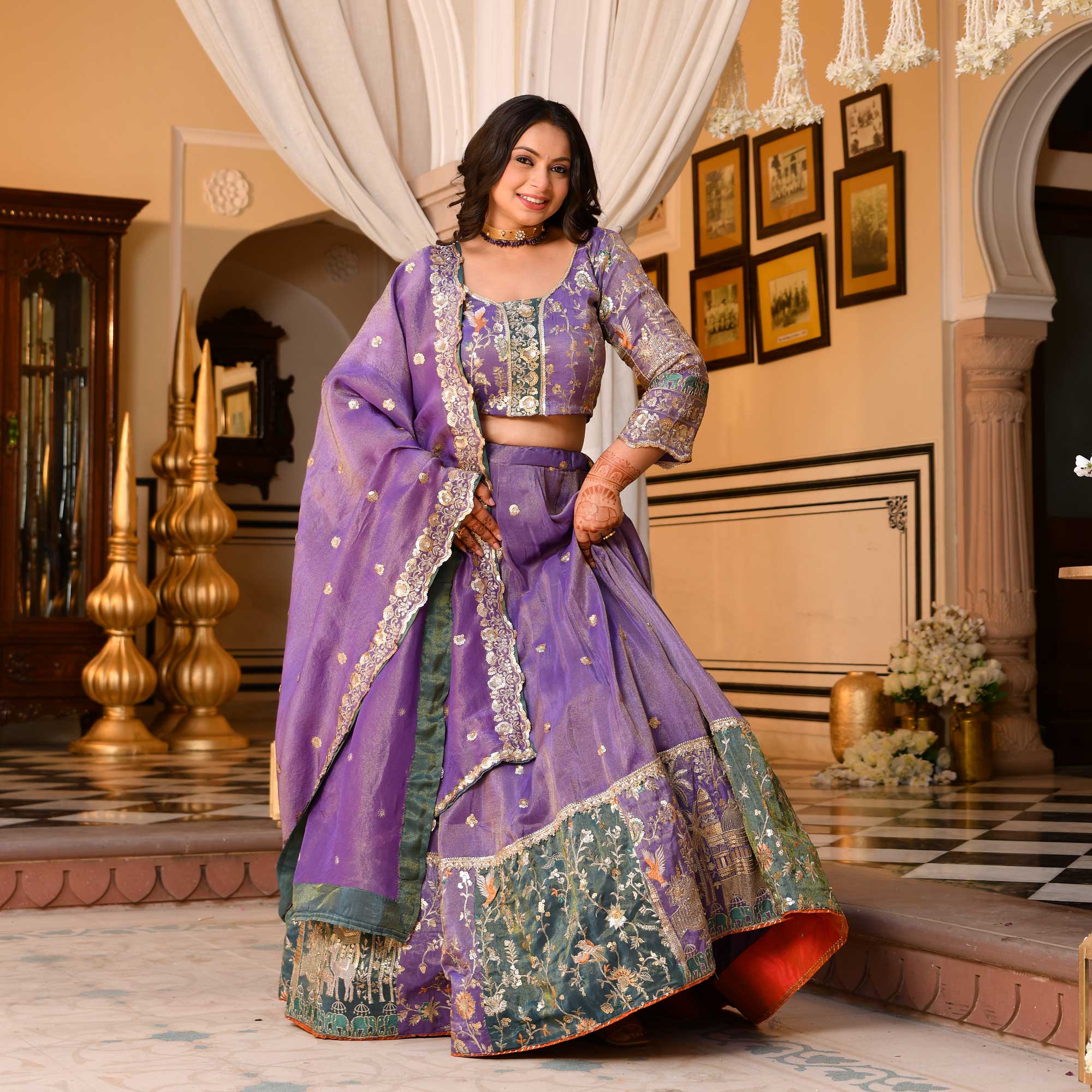 Mohini- Wisteria Purple Sequin & Thread Embroidered Pure Tissue Silk Lehenga Set