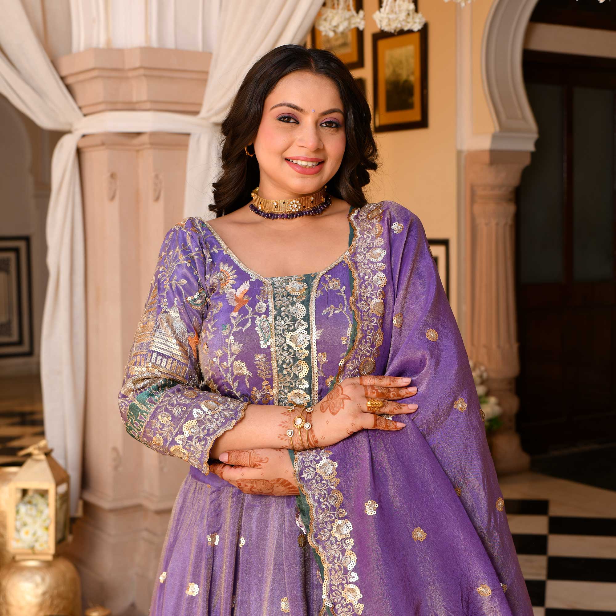 Mohini- Wisteria Purple Sequin & Thread Embroidered Pure Tissue Silk Lehenga Set