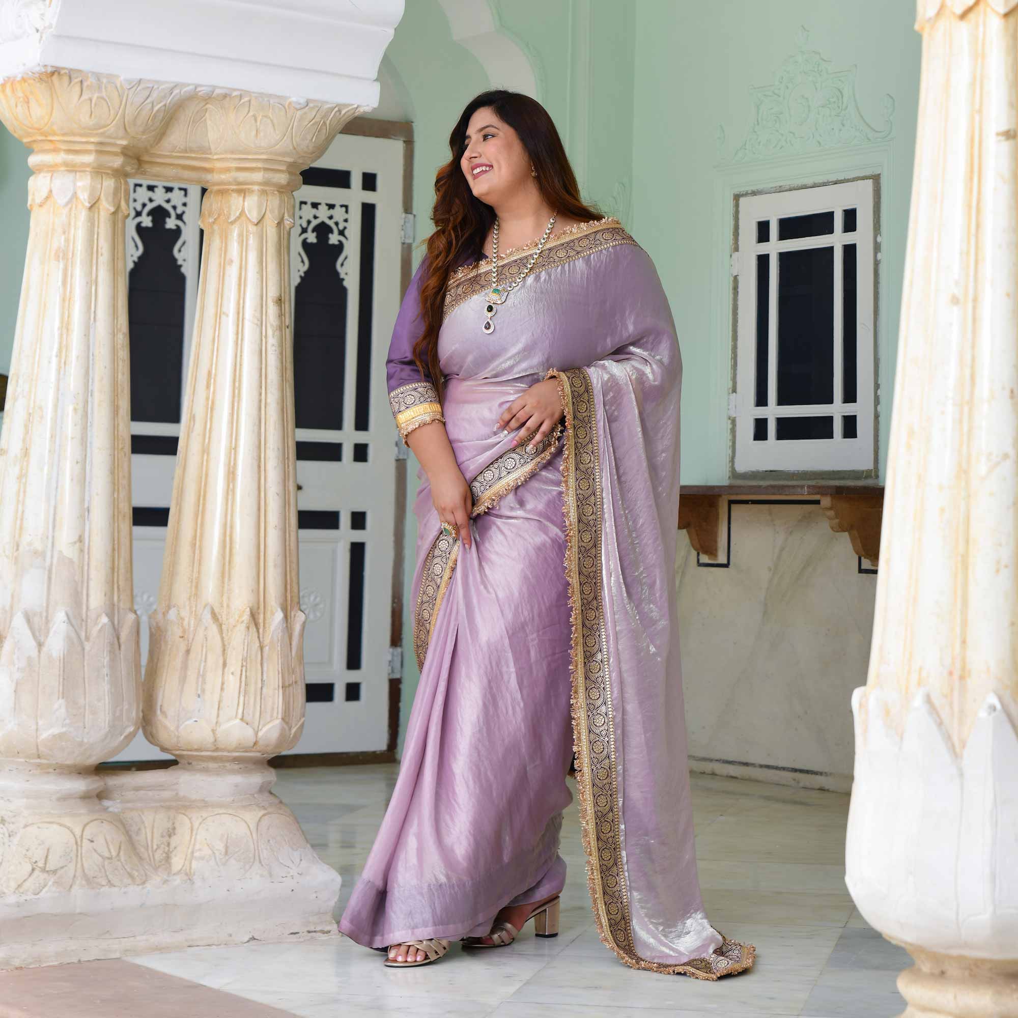 Maharani- Lilac Tissue Silk Embroidered Pre-Draped Saree