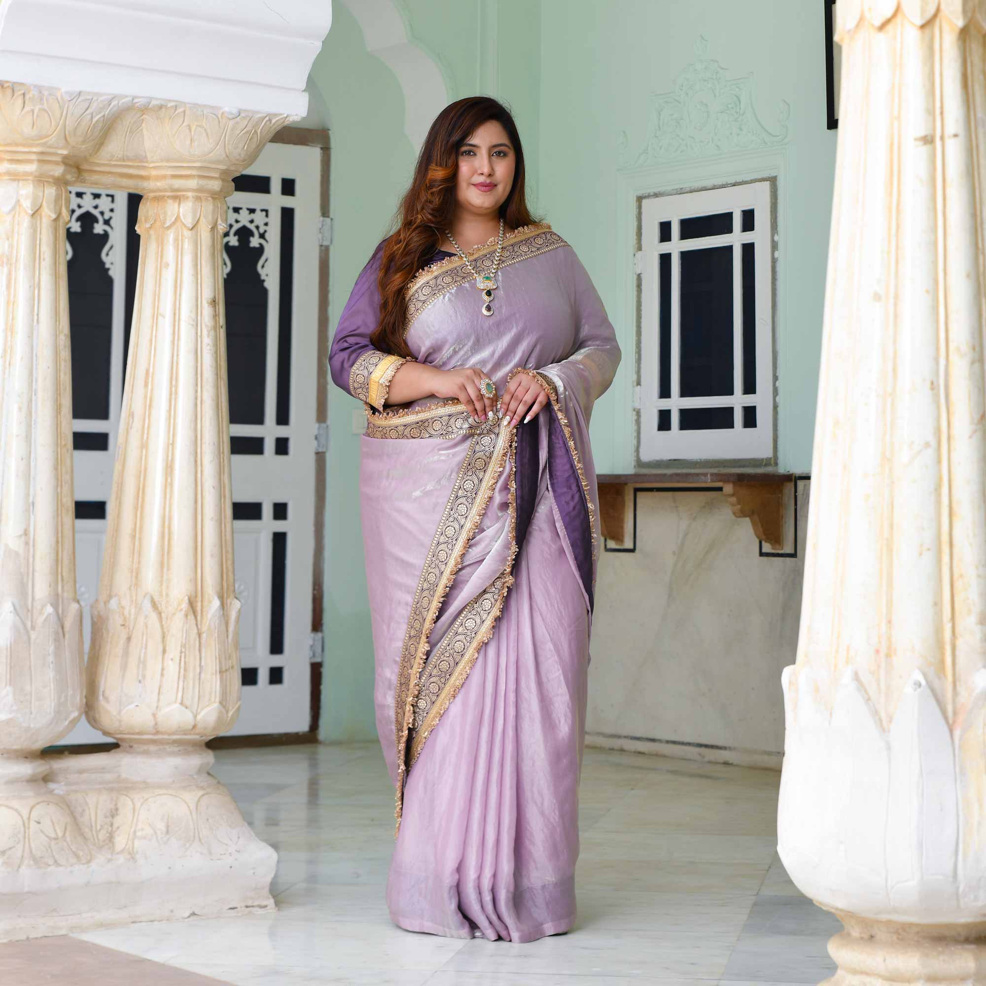 Maharani- Lilac Tissue Silk Embroidered Pre-Draped Saree