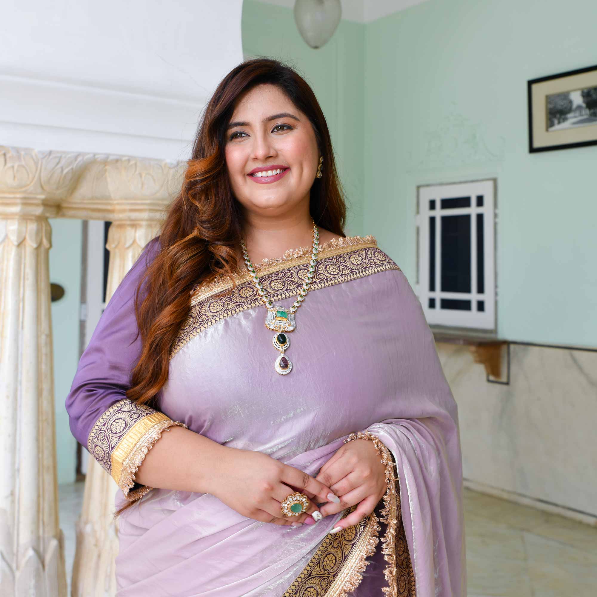 Maharani- Lilac Tissue Silk Embroidered Pre-Draped Saree