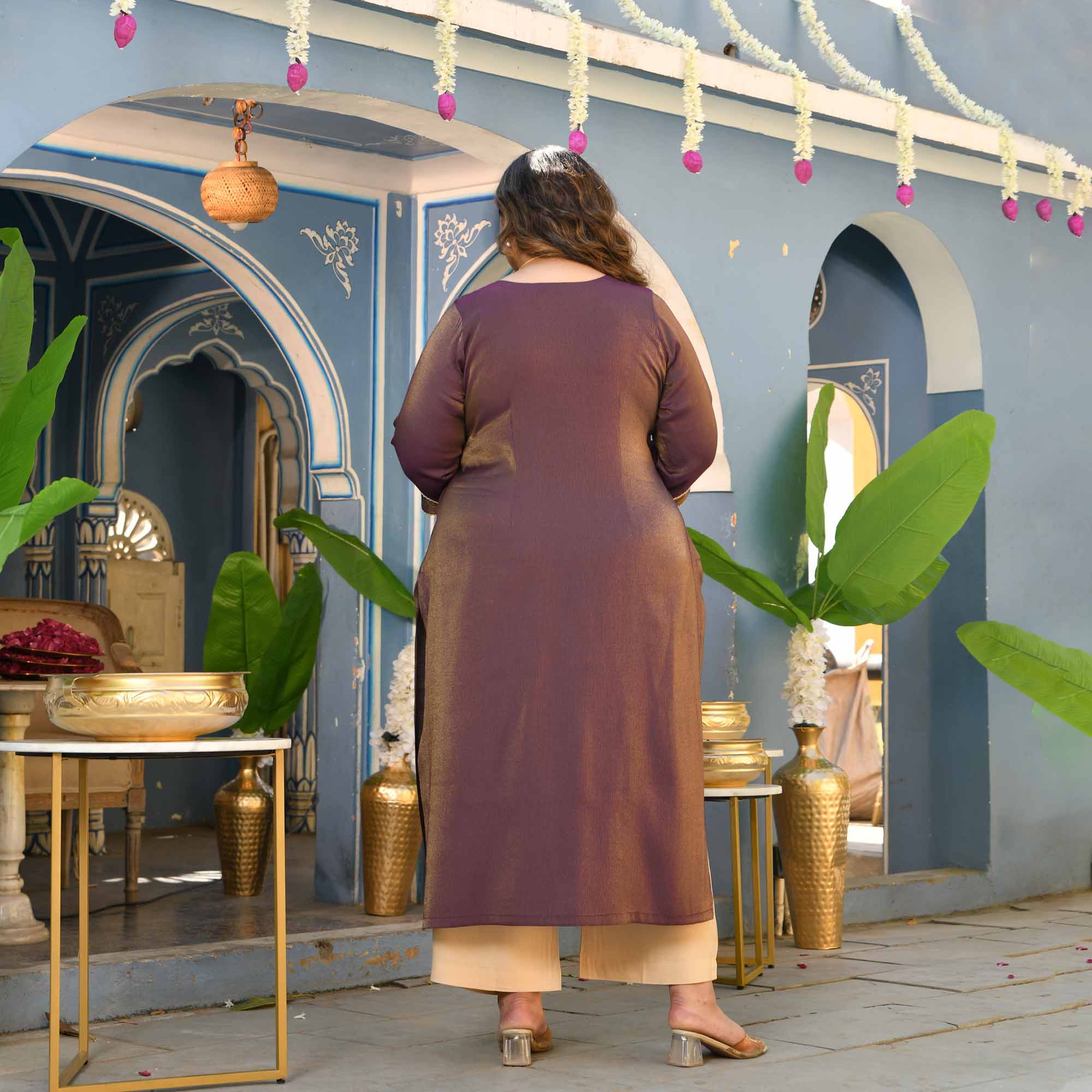 Anjeer- Deep Purple Viscose Tissue A-line Pleated Kurta