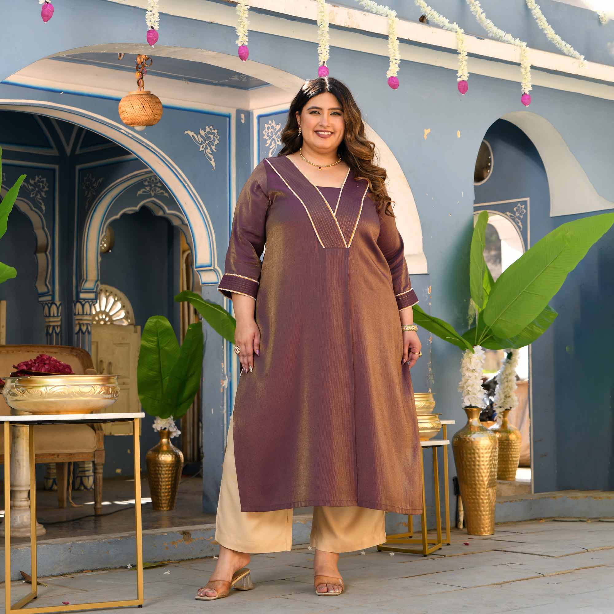 Anjeer- Deep Purple Viscose Tissue A-line Pleated Kurta
