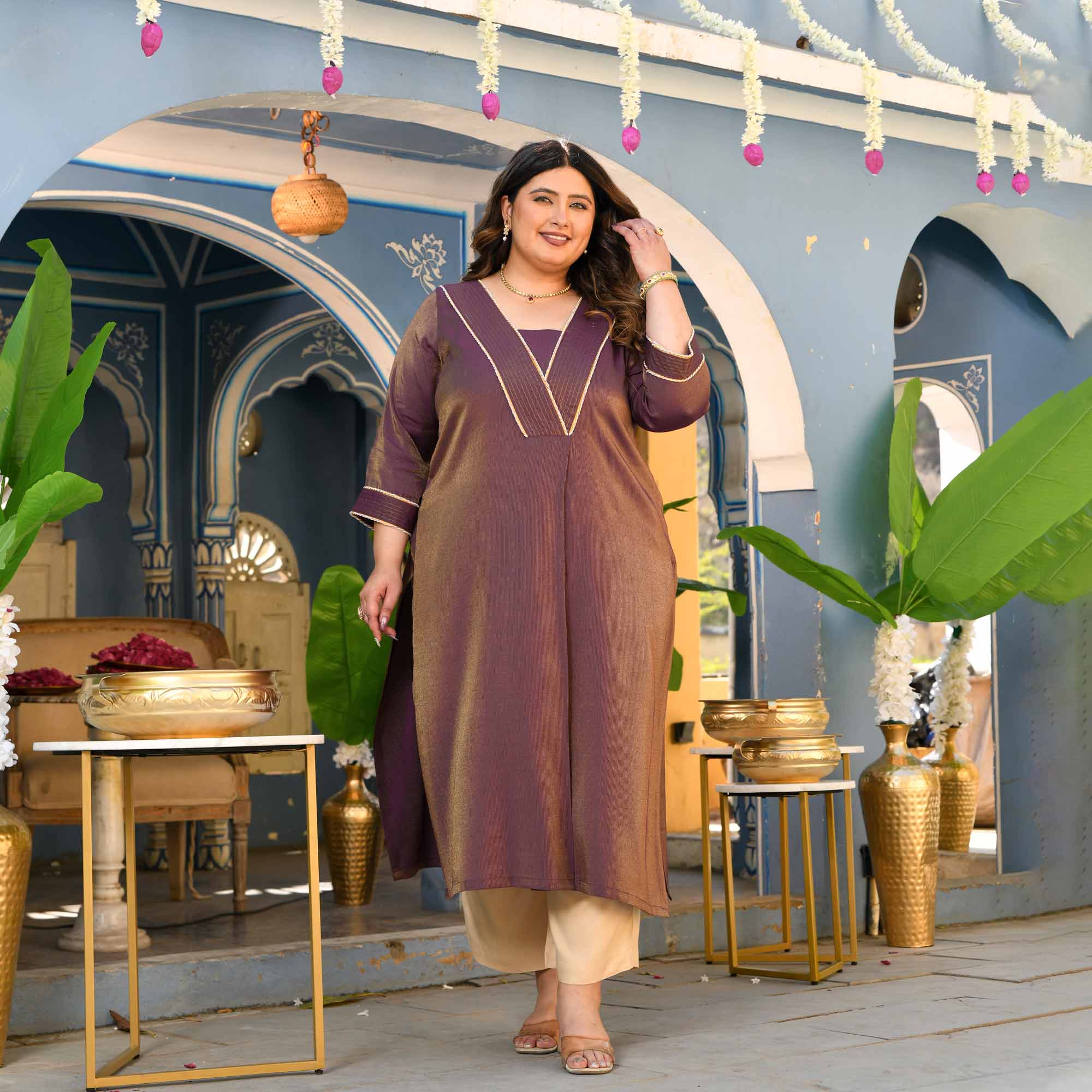 Anjeer- Deep Purple Viscose Tissue A-line Pleated Kurta