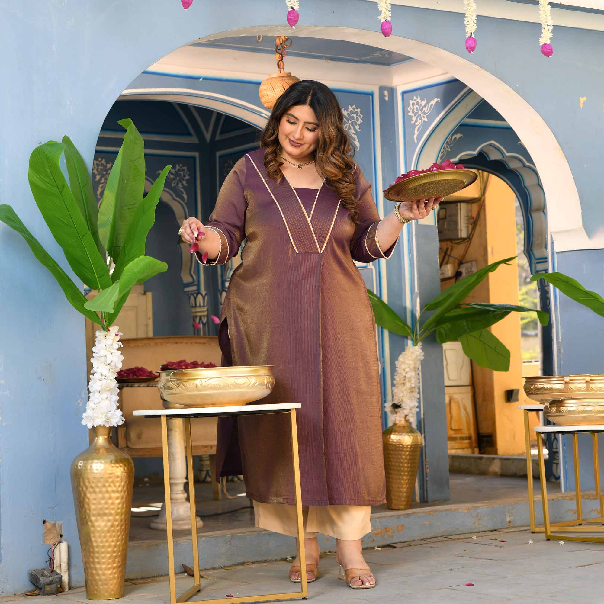 Anjeer- Deep Purple Viscose Tissue A-line Pleated Kurta