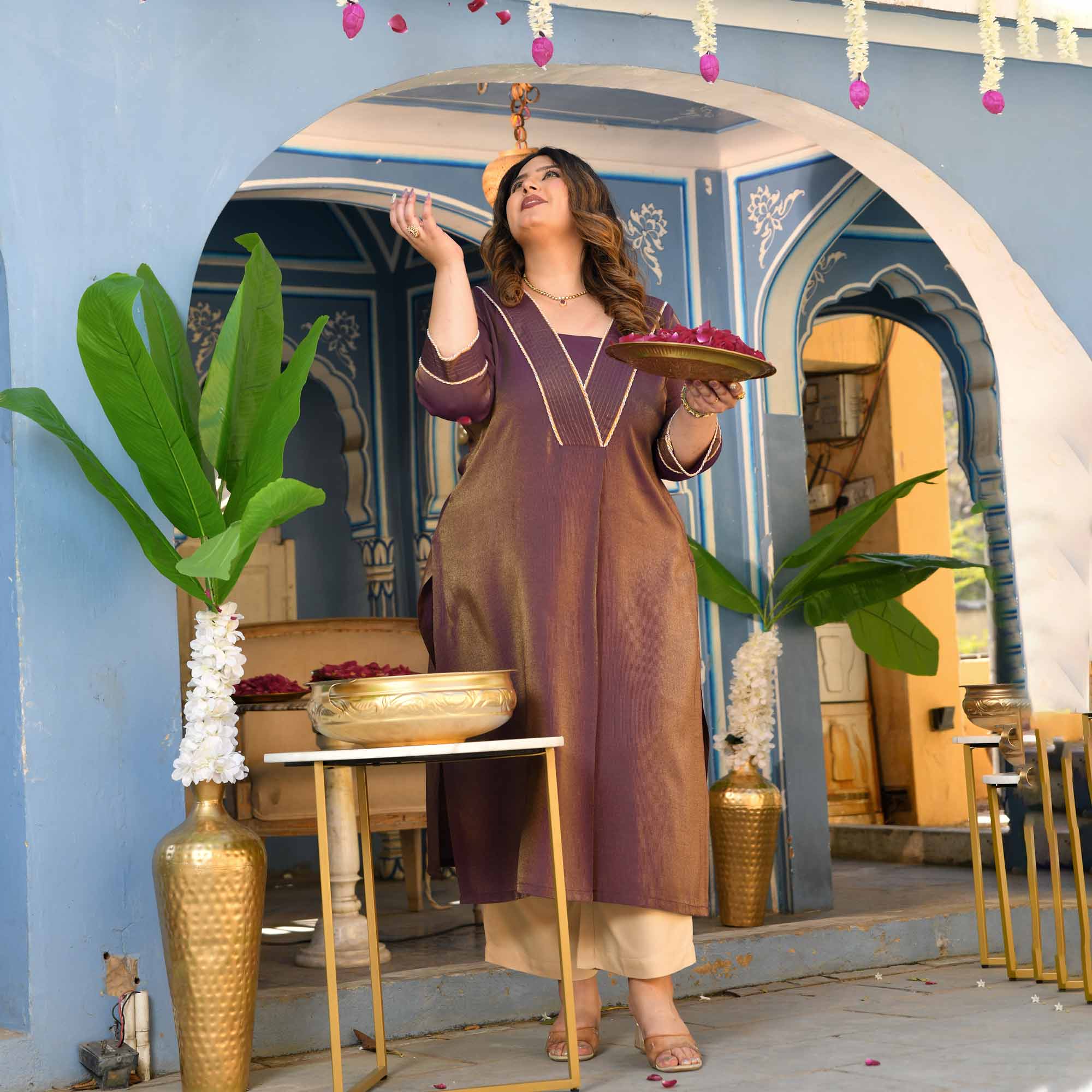 Anjeer- Deep Purple Viscose Tissue A-line Pleated Kurta