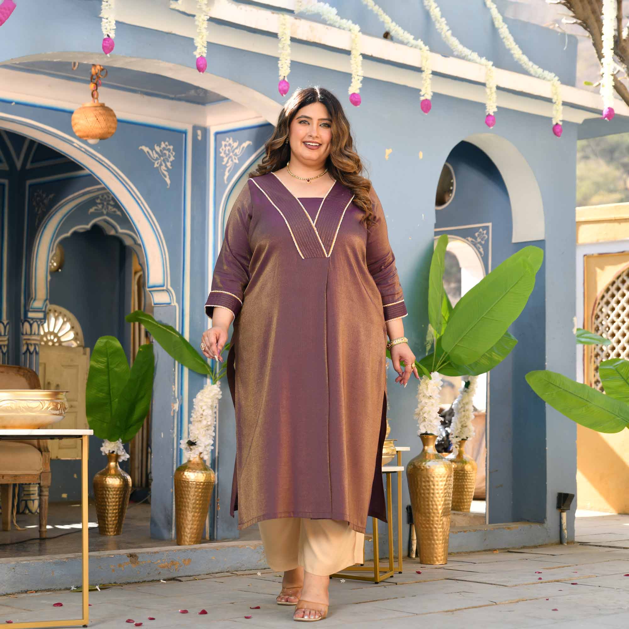 Anjeer- Deep Purple Viscose Tissue A-line Pleated Kurta