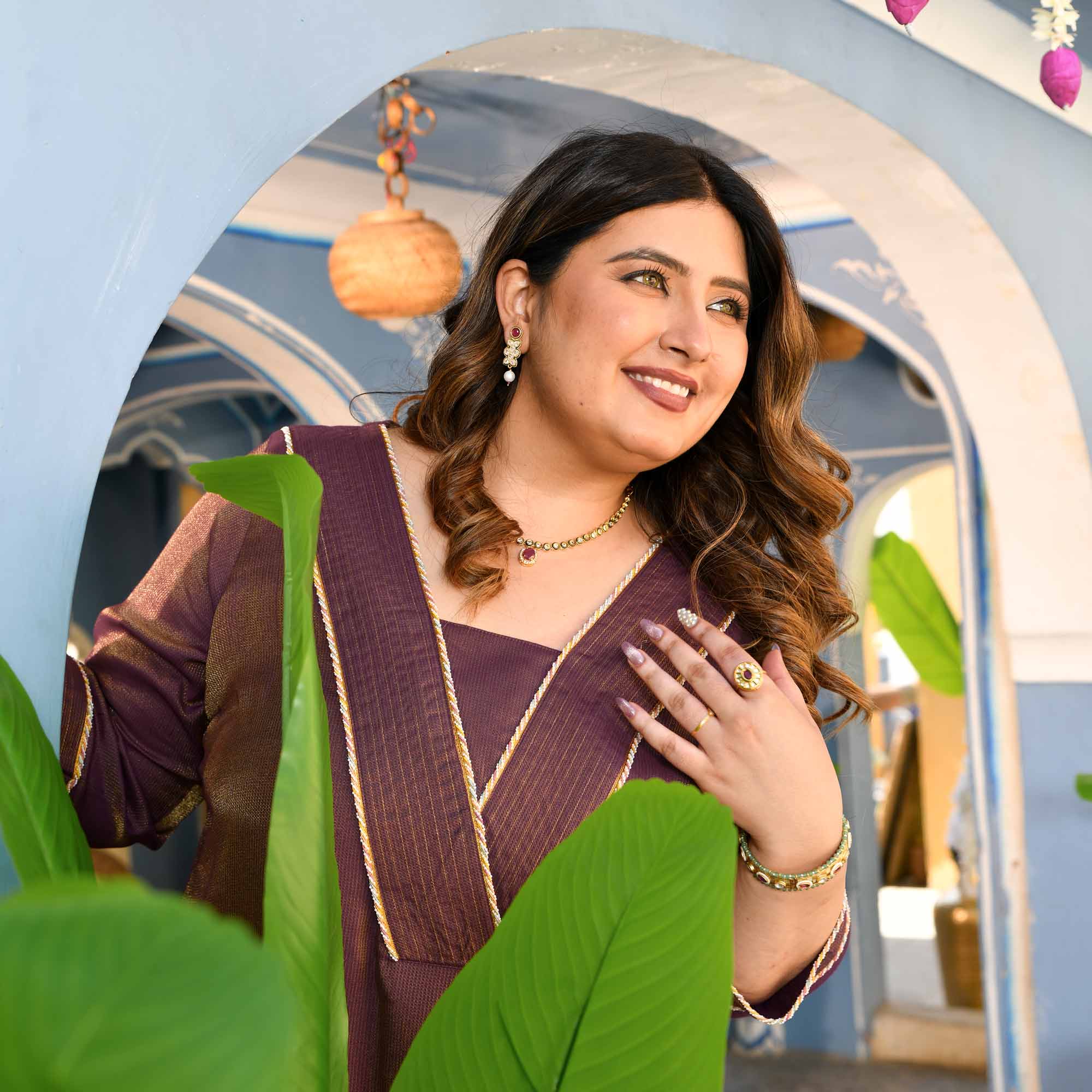 Anjeer- Deep Purple Viscose Tissue A-line Pleated Kurta