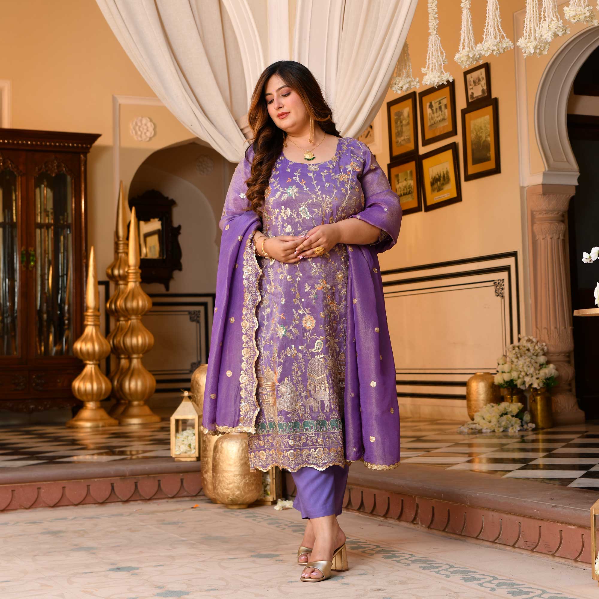 Urvashi- Wisteria Purple Sequin & Thread Embroidered Pure Tissue Silk Suit Set