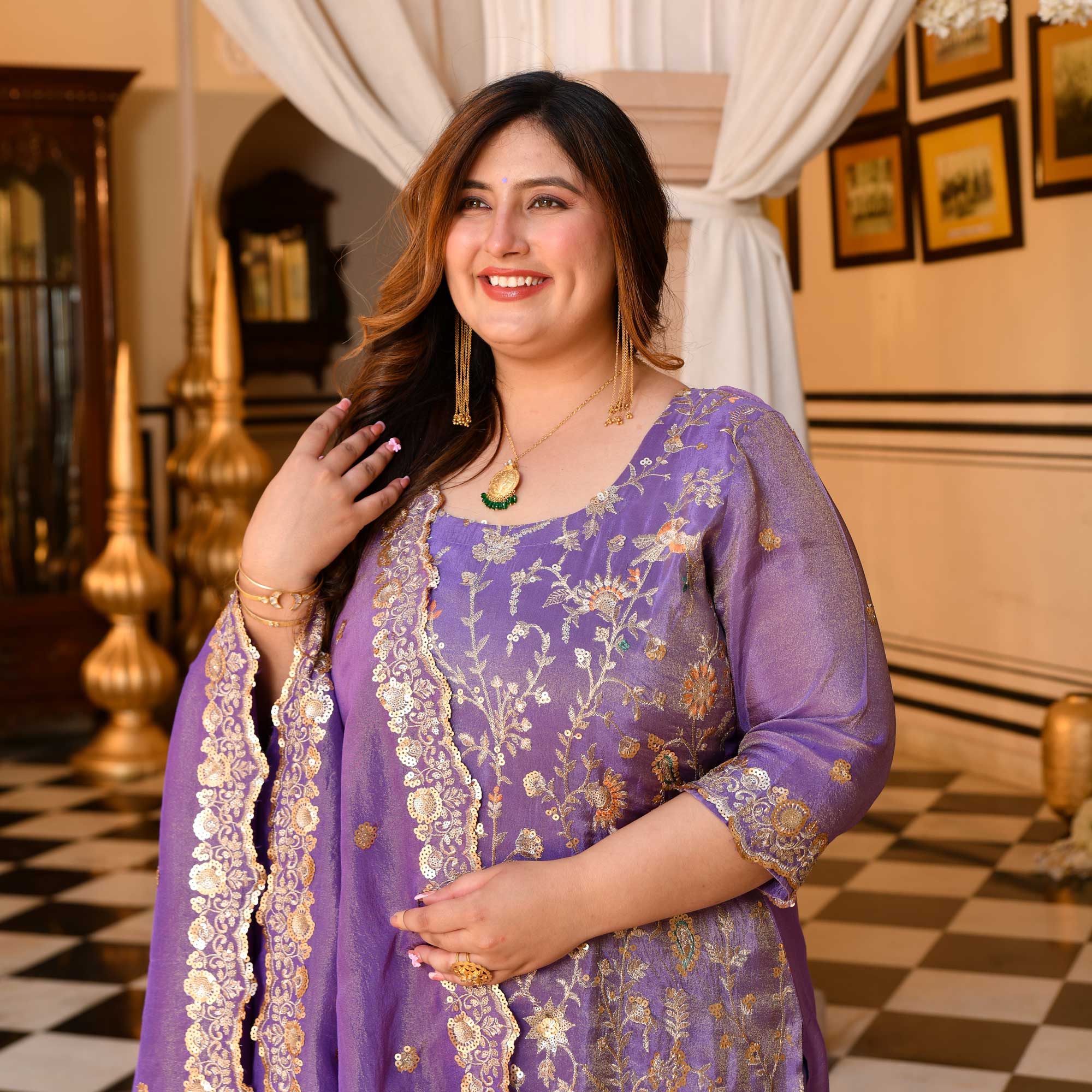 Urvashi- Wisteria Purple Sequin & Thread Embroidered Pure Tissue Silk Suit Set