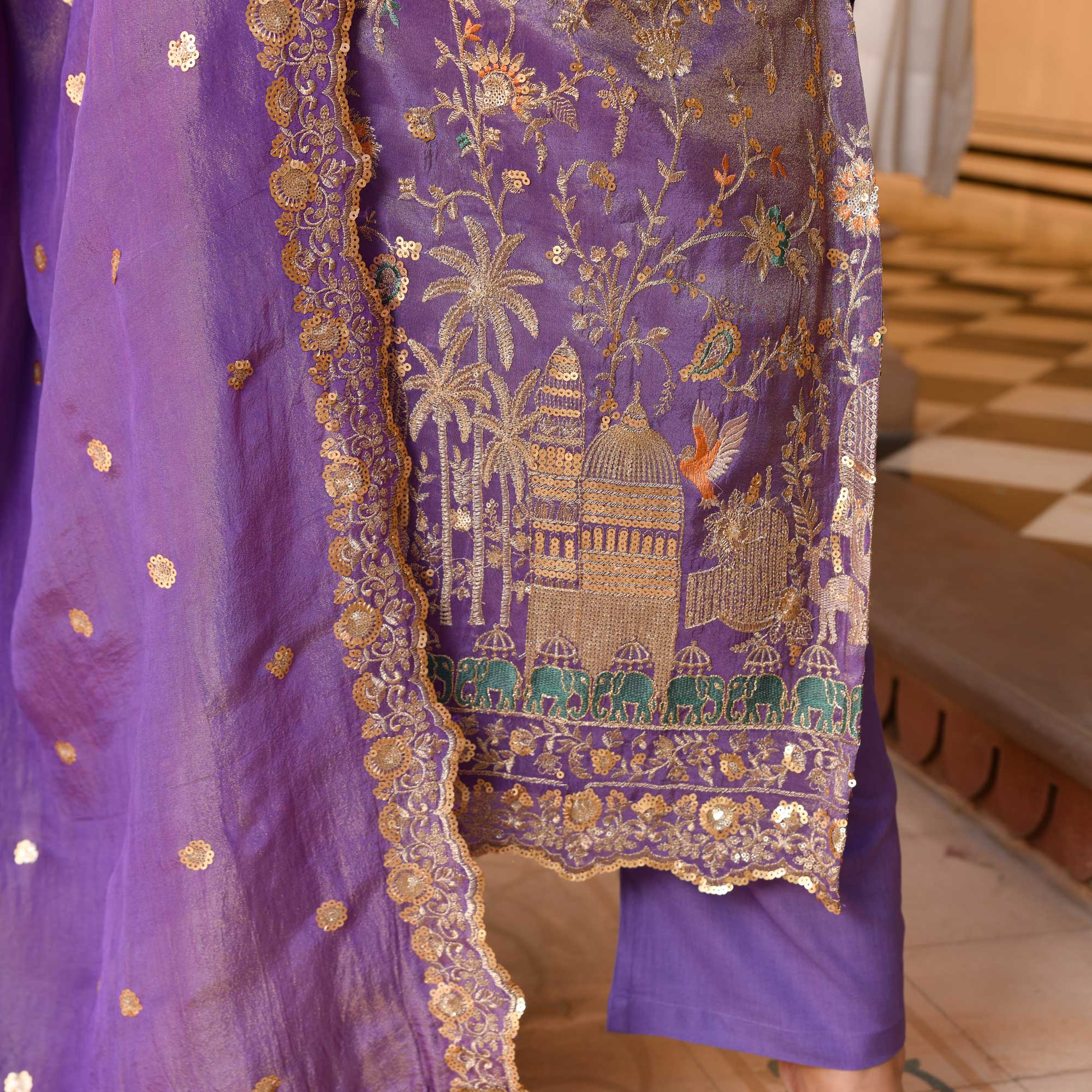 Urvashi- Wisteria Purple Sequin & Thread Embroidered Pure Tissue Silk Suit Set
