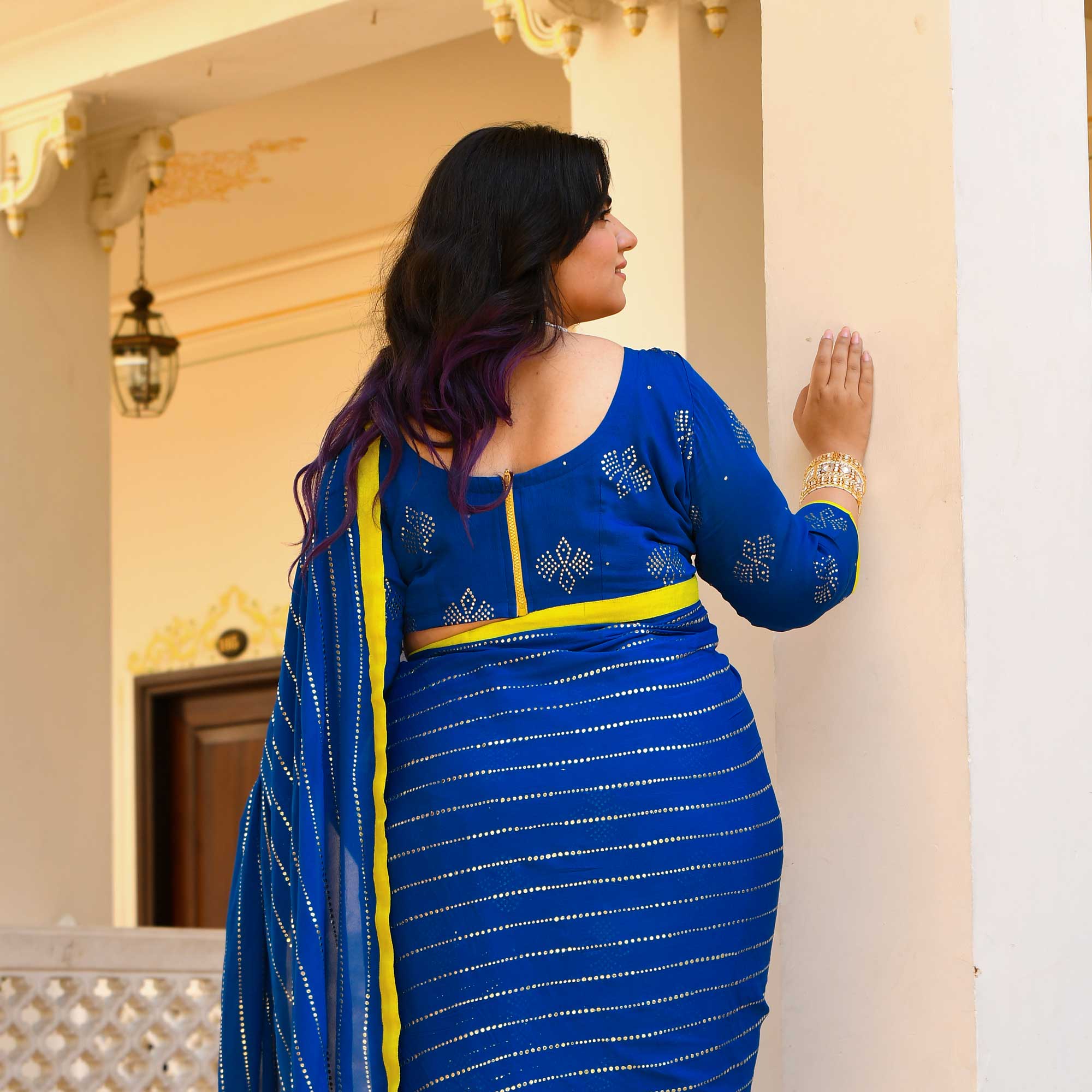 Chandani Leher- Electric Blue & Gold Embroidered Pre-drape Saree Set
