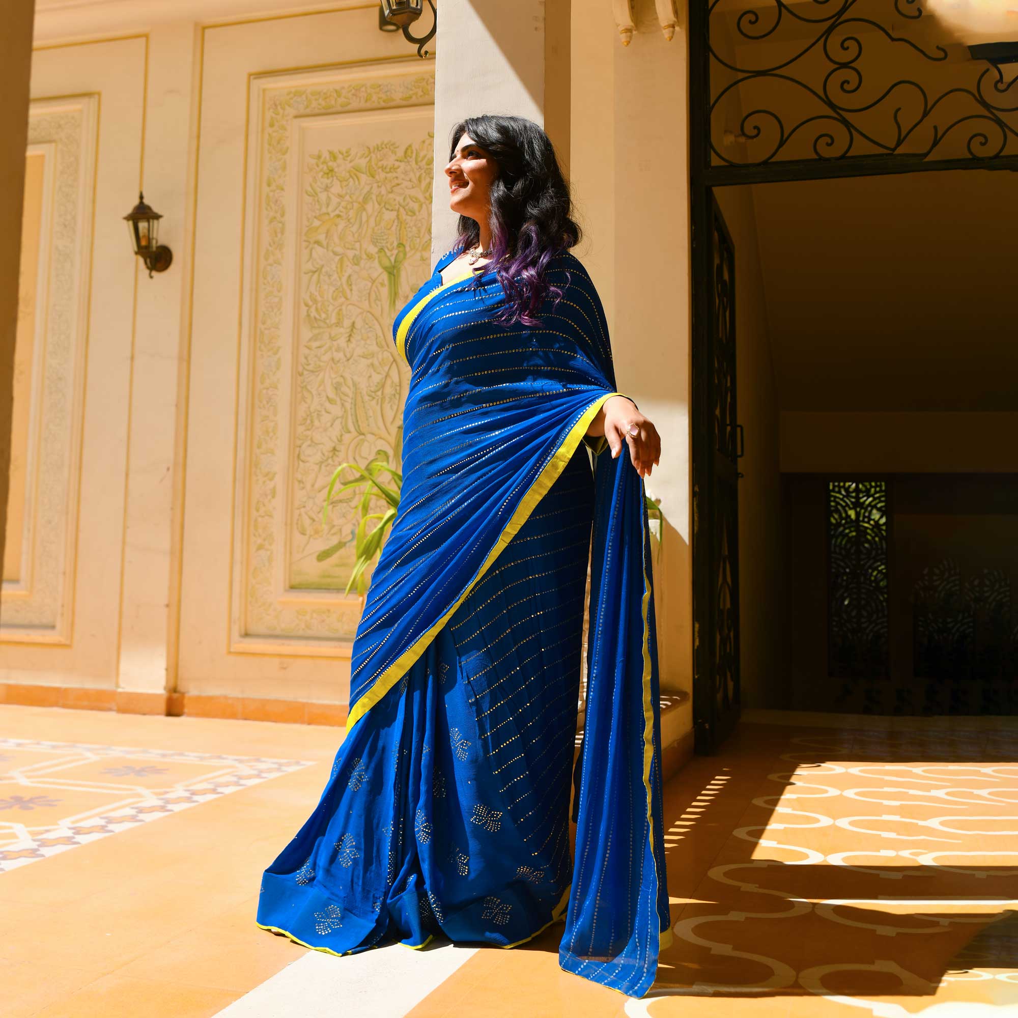 Chandani Leher- Electric Blue & Gold Embroidered Pre-drape Saree Set