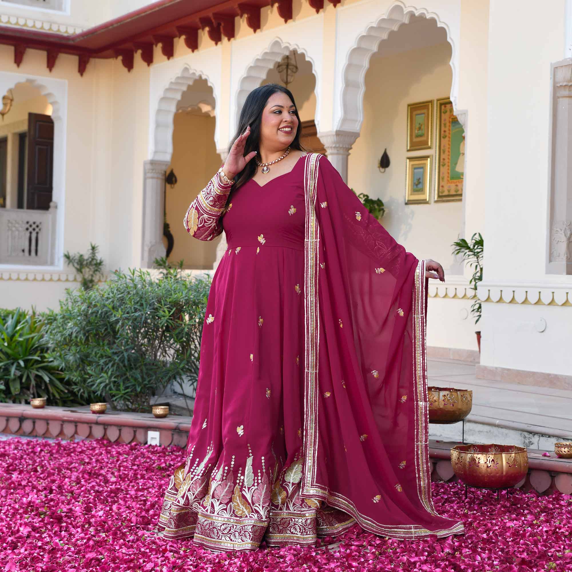 Butterflies- Rani Pink Thread & Gota Embroidered Georgette Anarkali Set